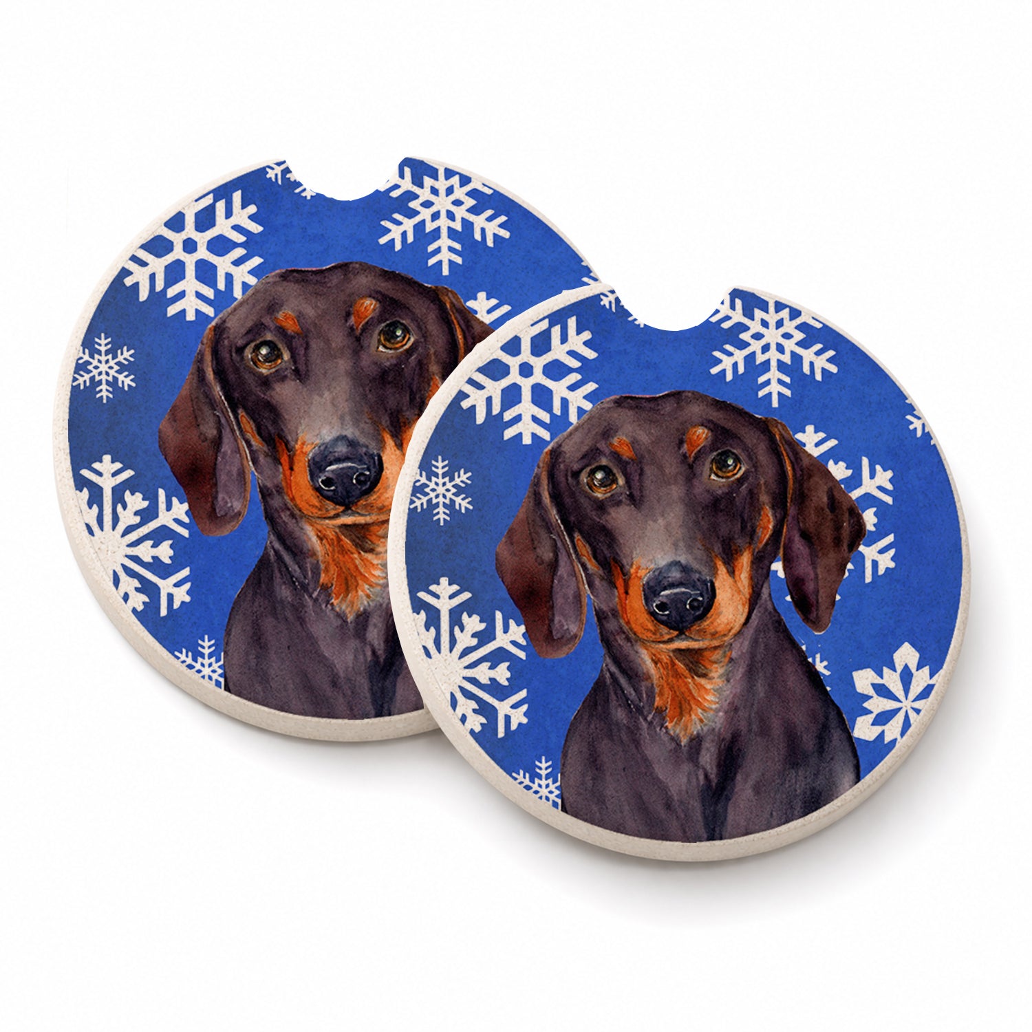 Dachshund Winter Snowflakes Holiday Set of 2 Cup Holder Car Coasters Absorbent Round Sandstone Coasters Gifts for Men or Women, 2.5, Multicolor