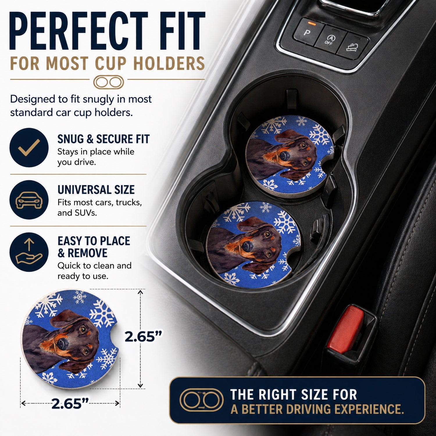 Dachshund Winter Snowflakes Holiday Set of 2 Cup Holder Car Coasters Absorbent Round Sandstone Coasters Gifts for Men or Women, 2.5, Multicolor