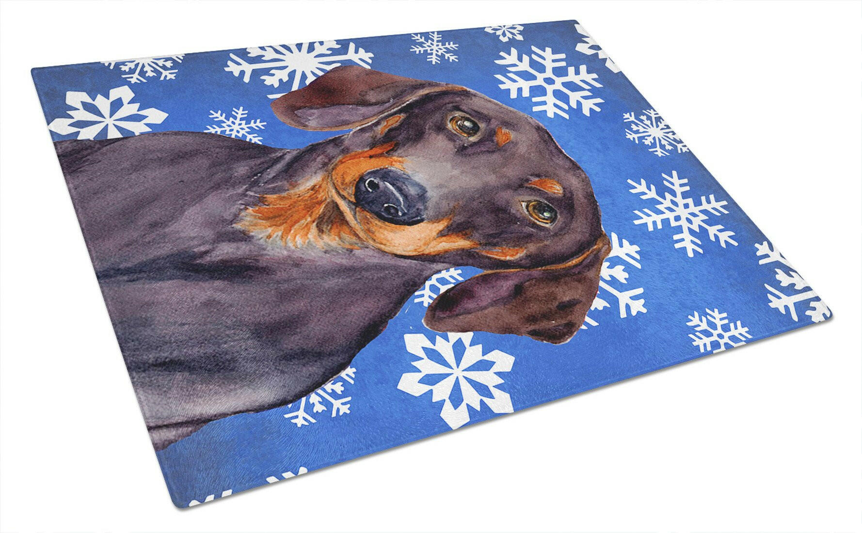 Dachshund Winter Snowflakes Holiday Cutting Board Tempered Glass Kitchen Cutting Surface, Heat Resistant Chopping, Non-Slip Feet, Food Prep & Serving