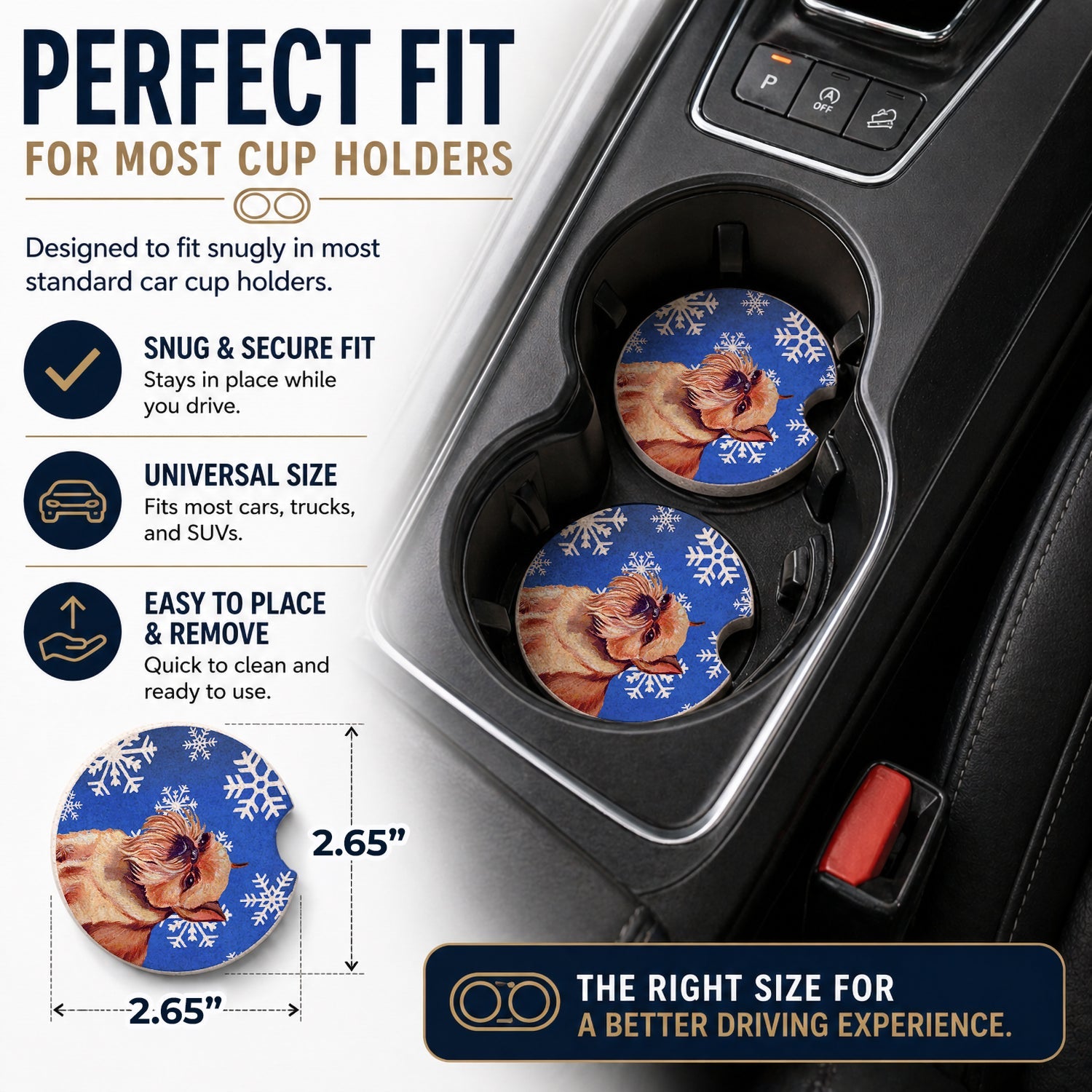 Brussels Griffon Winter Snowflakes Holiday Set of 2 Cup Holder Car Coasters Absorbent Round Sandstone Coasters Gifts for Men or Women, 2.5, Multicolor