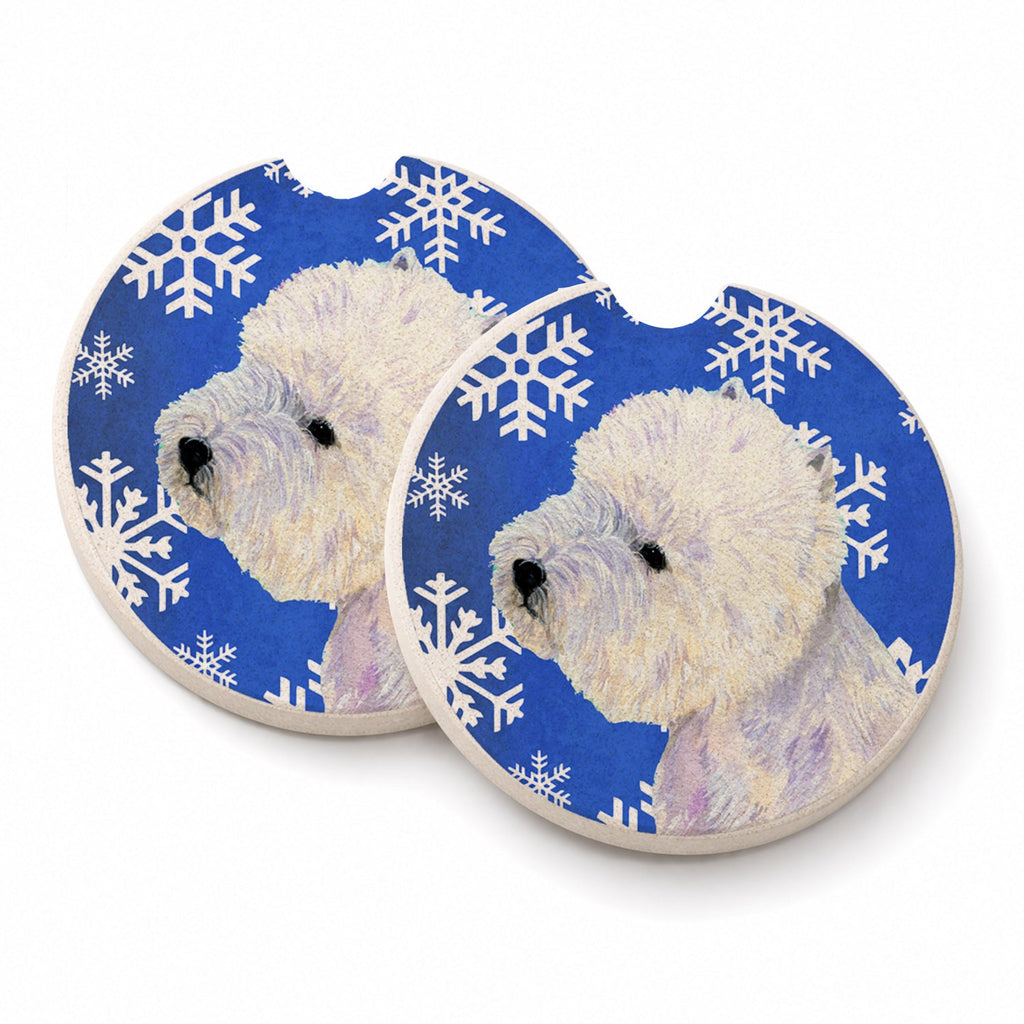 Westie Winter Snowflakes Holiday Set of 2 Cup Holder Car Coasters Absorbent Round Sandstone Coasters Gifts for Men or Women, 2.5, Multicolor