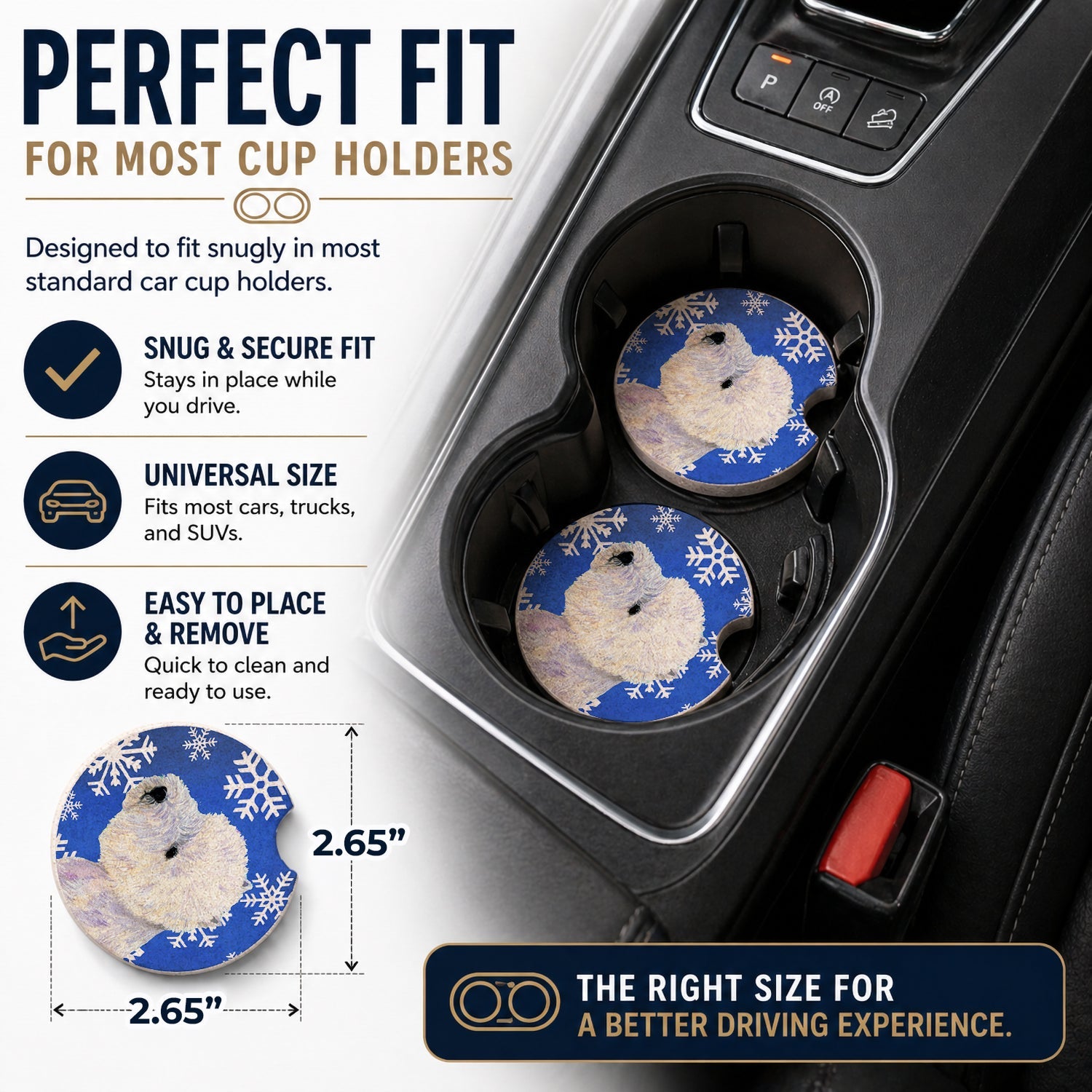 Westie Winter Snowflakes Holiday Set of 2 Cup Holder Car Coasters Absorbent Round Sandstone Coasters Gifts for Men or Women, 2.5, Multicolor