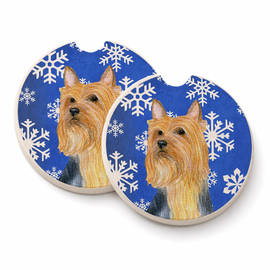 Silky Terrier Winter Snowflakes Holiday Set of 2 Cup Holder Car Coasters Absorbent Round Sandstone Coasters Gifts for Men or Women, 2.5, Multicolor