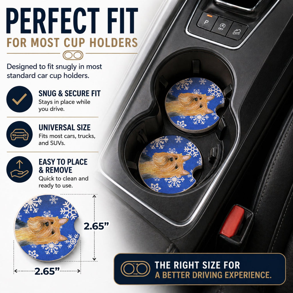 Silky Terrier Winter Snowflakes Holiday Set of 2 Cup Holder Car Coasters Absorbent Round Sandstone Coasters Gifts for Men or Women, 2.5, Multicolor