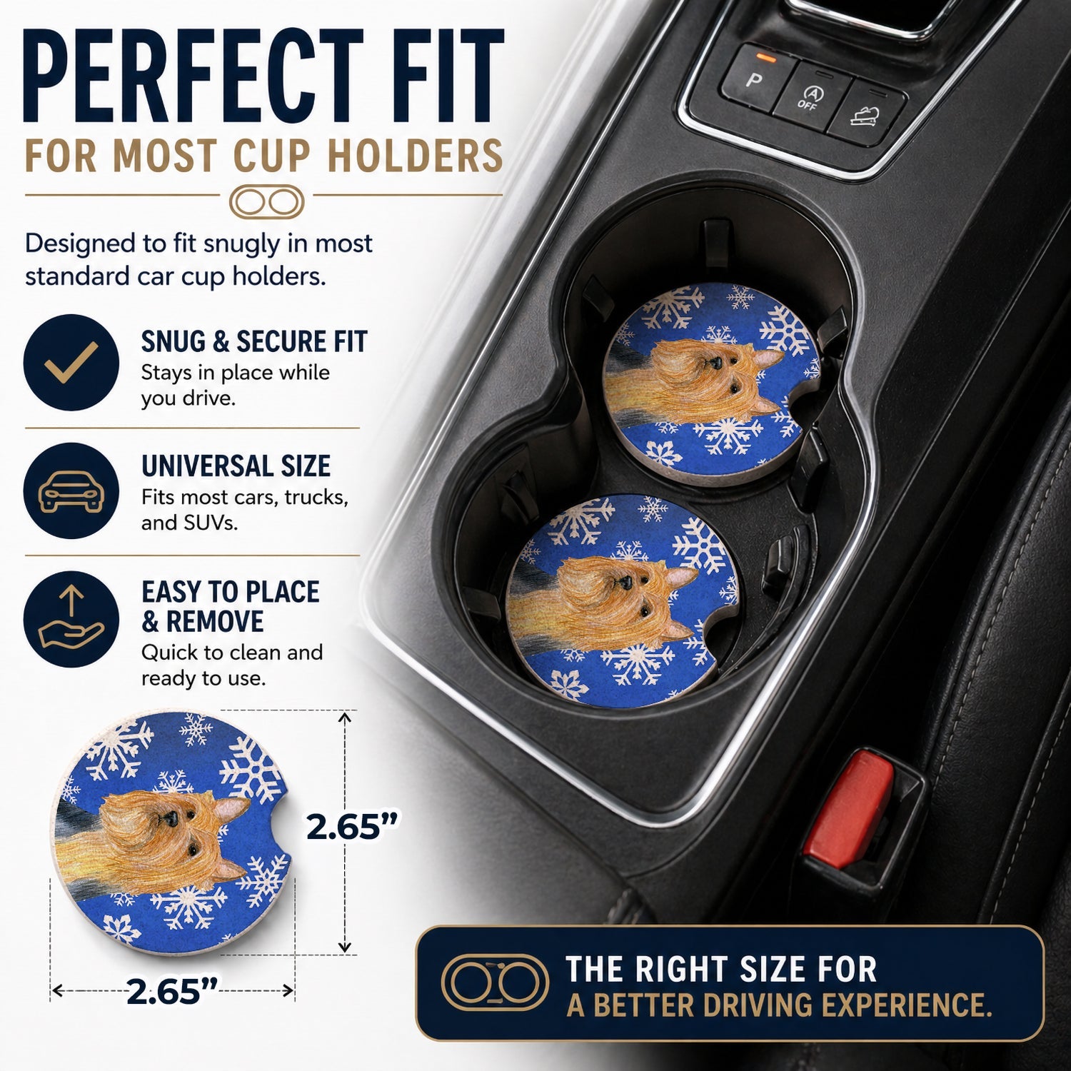Silky Terrier Winter Snowflakes Holiday Set of 2 Cup Holder Car Coasters Absorbent Round Sandstone Coasters Gifts for Men or Women, 2.5, Multicolor