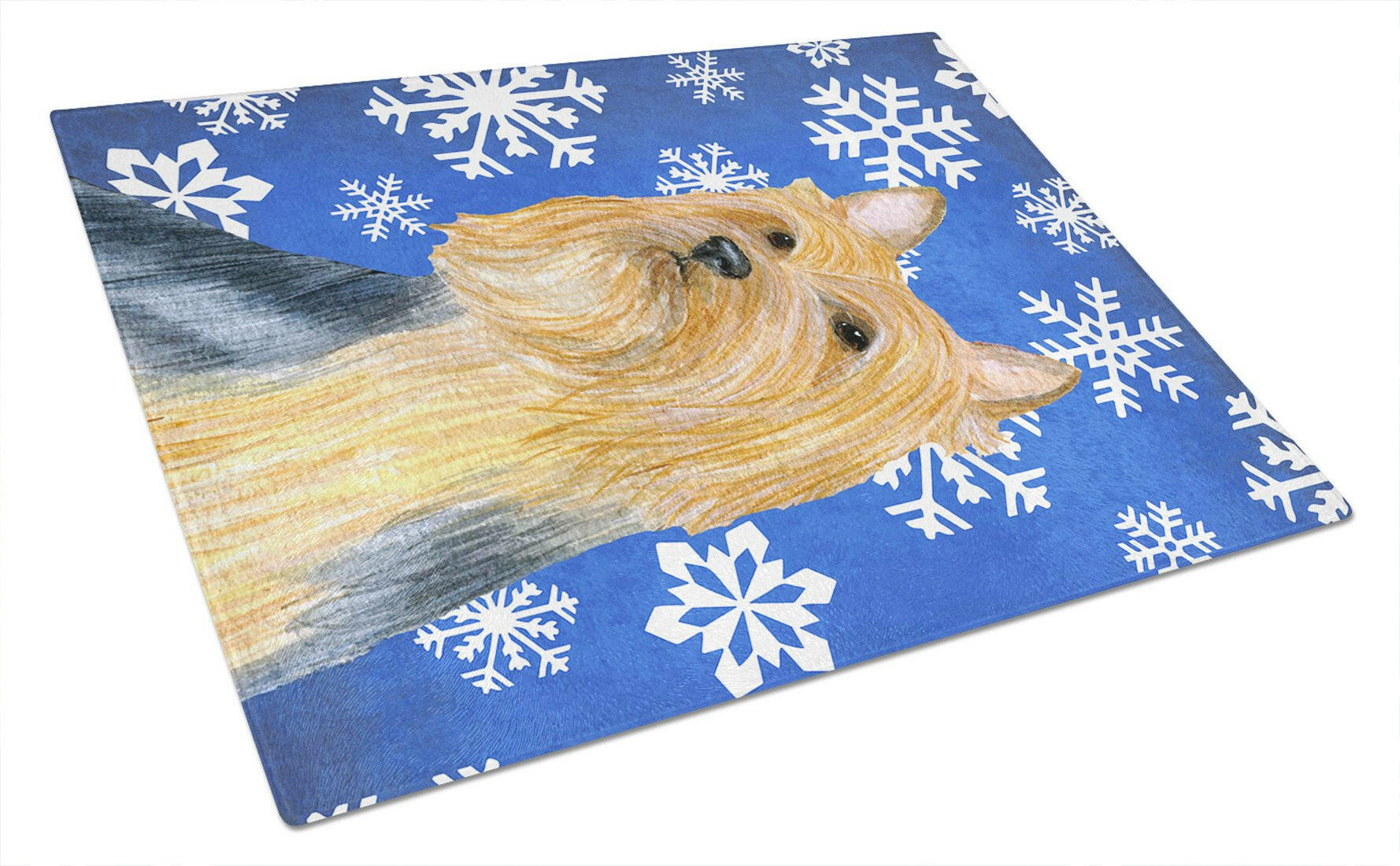 Silky Terrier Winter Snowflakes Holiday Cutting Board Tempered Glass Kitchen Cutting Surface, Heat Resistant Chopping, Non-Slip Feet, Food Prep & Serving