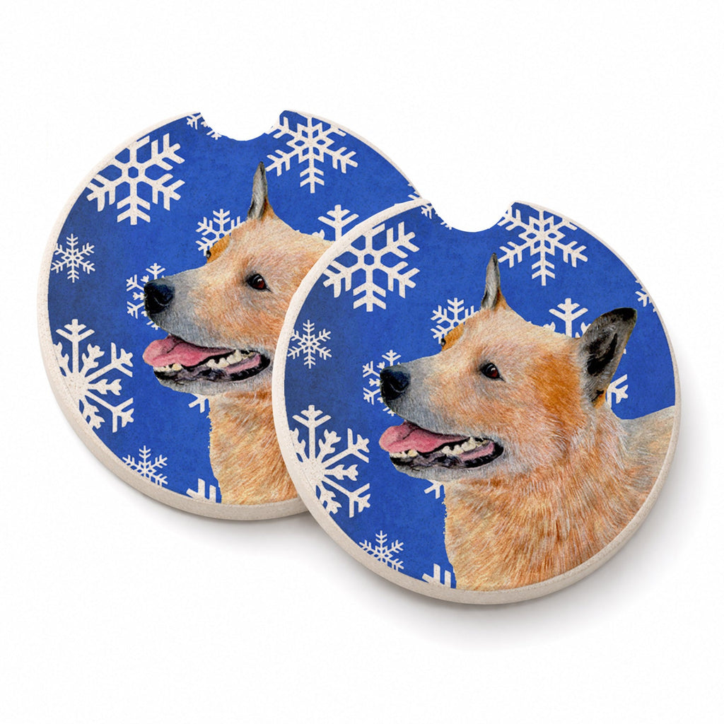 Australian Cattle Dog Winter Snowflakes Holiday Set of 2 Cup Holder Car Coasters Absorbent Round Sandstone Coasters Gifts for Men or Women, 2.5, Multicolor