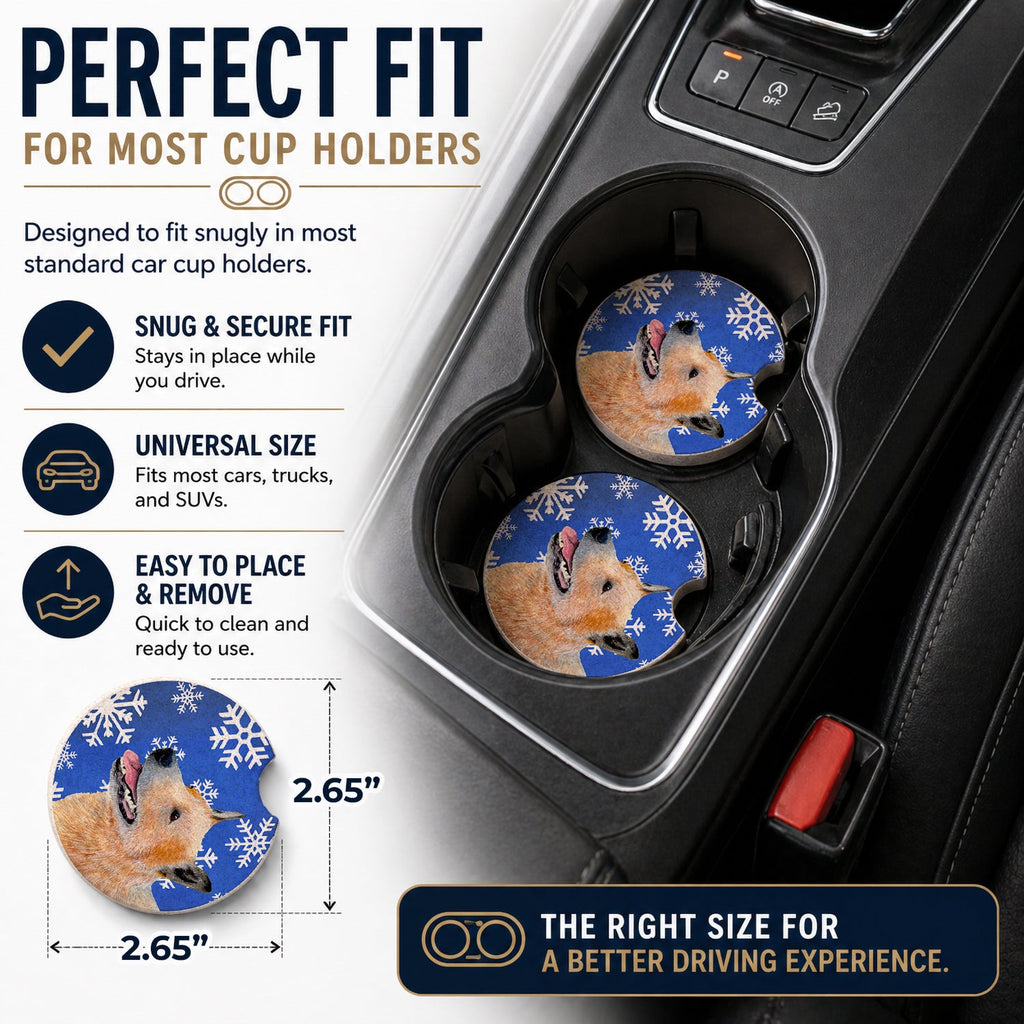 Australian Cattle Dog Winter Snowflakes Holiday Set of 2 Cup Holder Car Coasters Absorbent Round Sandstone Coasters Gifts for Men or Women, 2.5, Multicolor