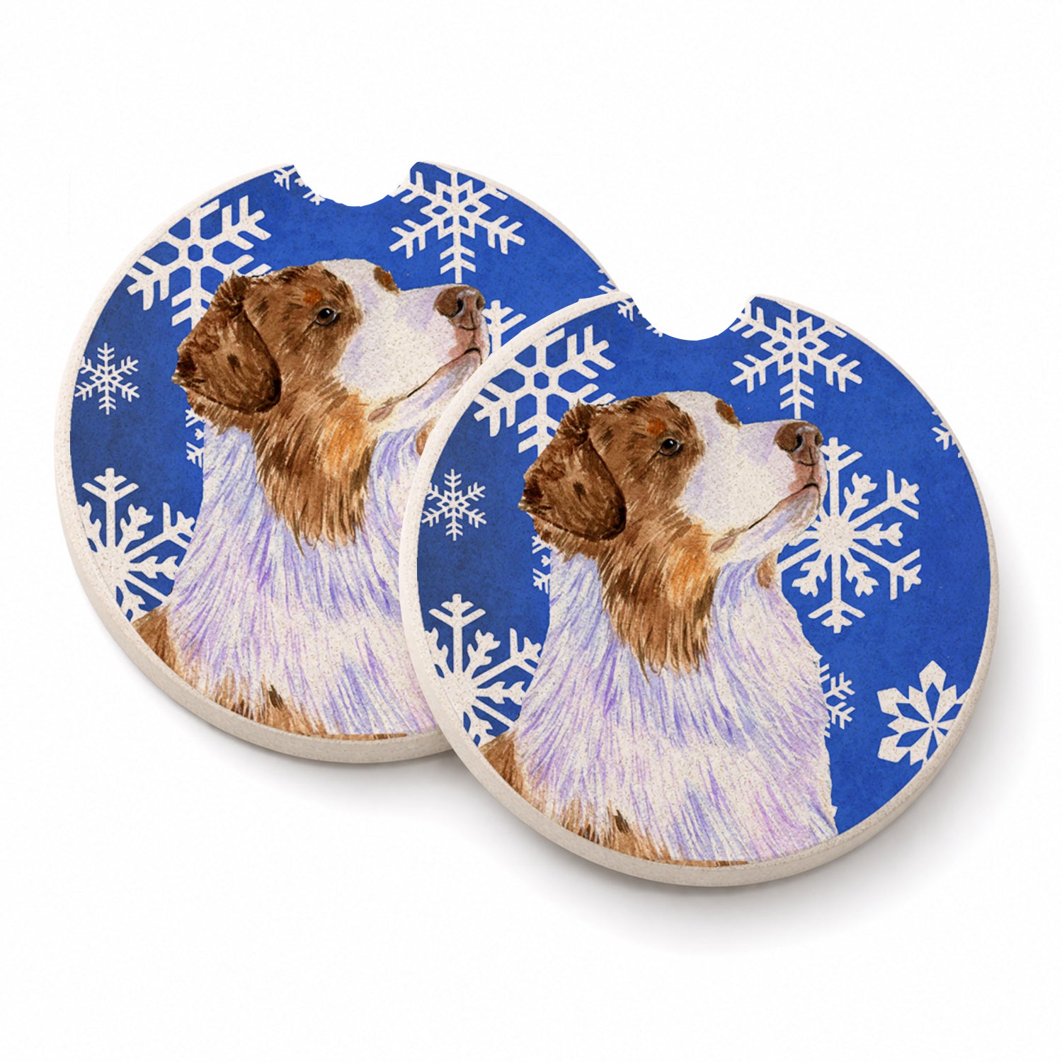 Australian Shepherd Winter Snowflakes Holiday Set of 2 Cup Holder Car Coasters Absorbent Round Sandstone Coasters Gifts for Men or Women, 2.5, Multicolor