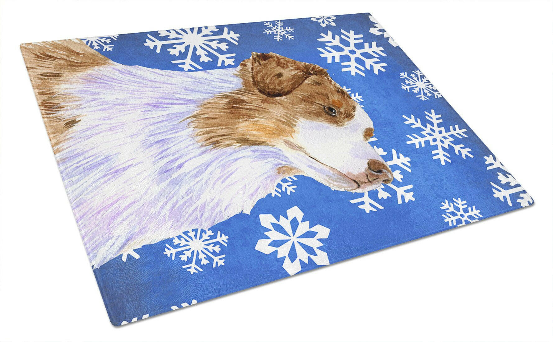 Australian Shepherd Winter Snowflakes Holiday Cutting Board Tempered Glass Kitchen Cutting Surface, Heat Resistant Chopping, Non-Slip Feet, Food Prep & Serving
