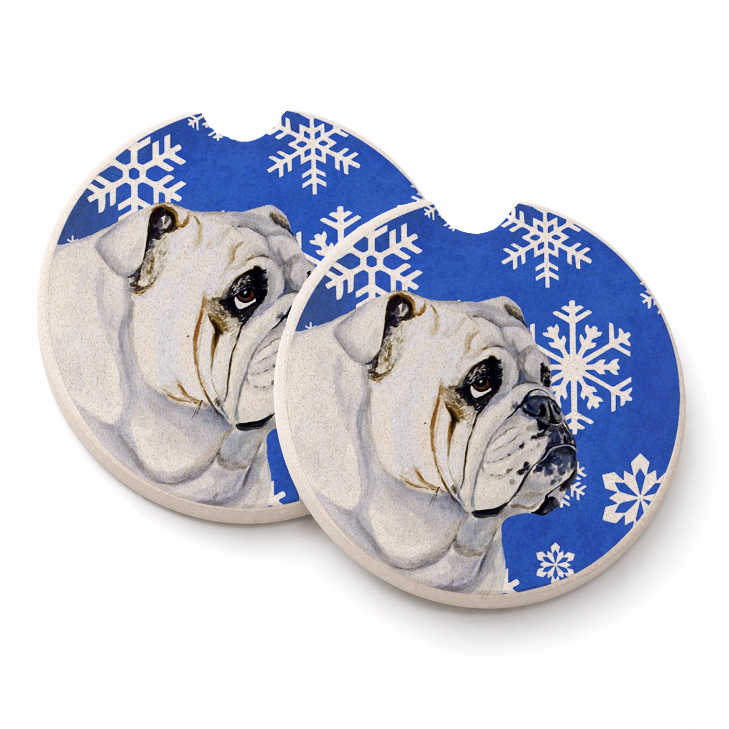 Bulldog English Winter Snowflakes Holiday Set of 2 Cup Holder Car Coasters Absorbent Round Sandstone Coasters Gifts for Men or Women, 2.5, Multicolor