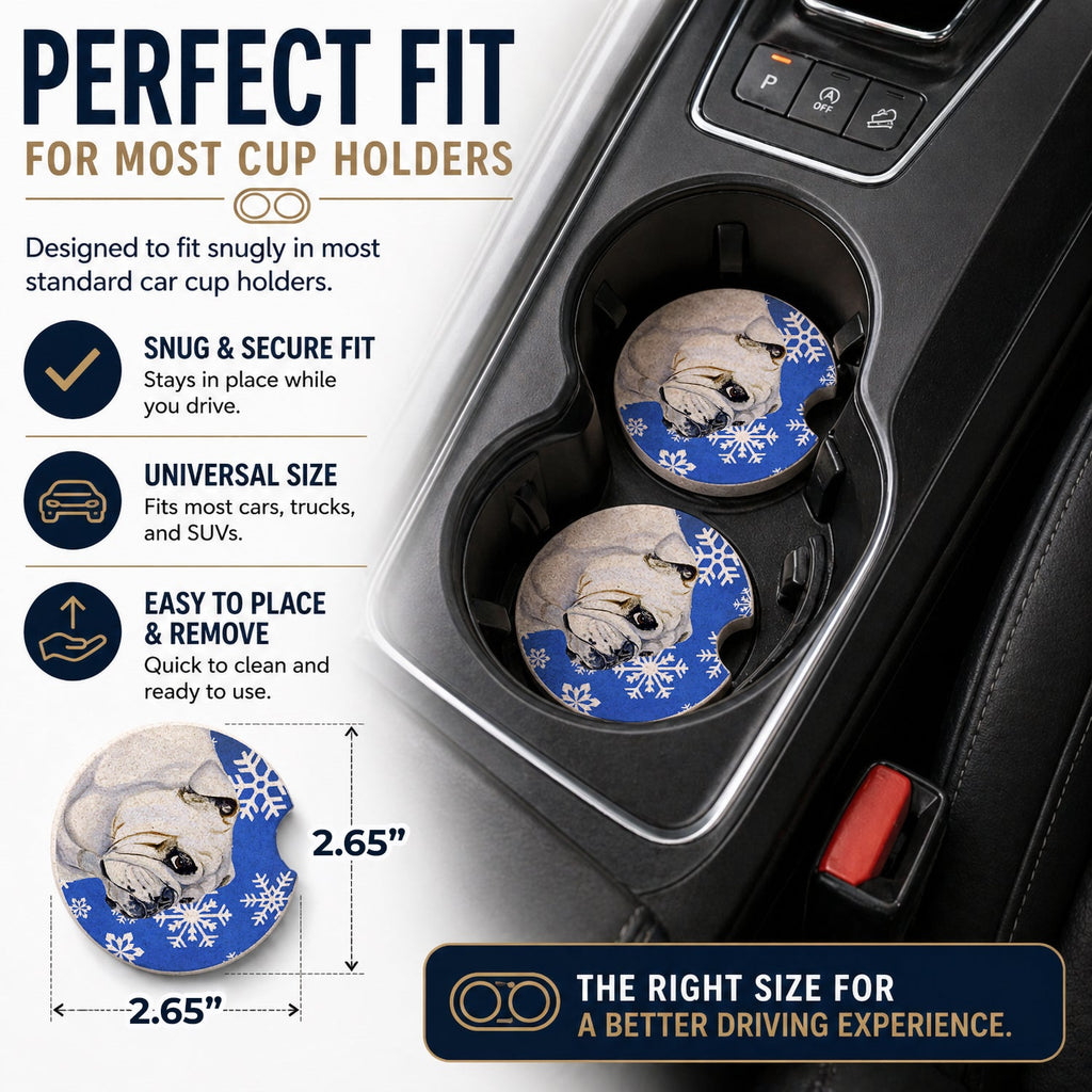 Bulldog English Winter Snowflakes Holiday Set of 2 Cup Holder Car Coasters Absorbent Round Sandstone Coasters Gifts for Men or Women, 2.5, Multicolor