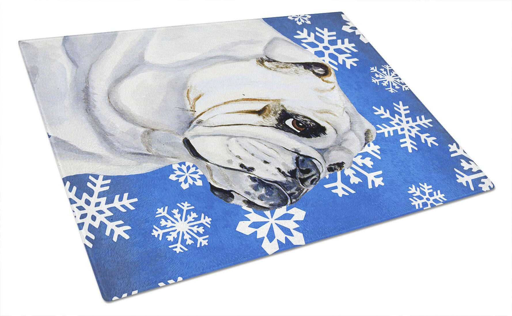 Bulldog English Winter Snowflakes Holiday Cutting Board Tempered Glass Kitchen Cutting Surface, Heat Resistant Chopping, Non-Slip Feet, Food Prep & Serving