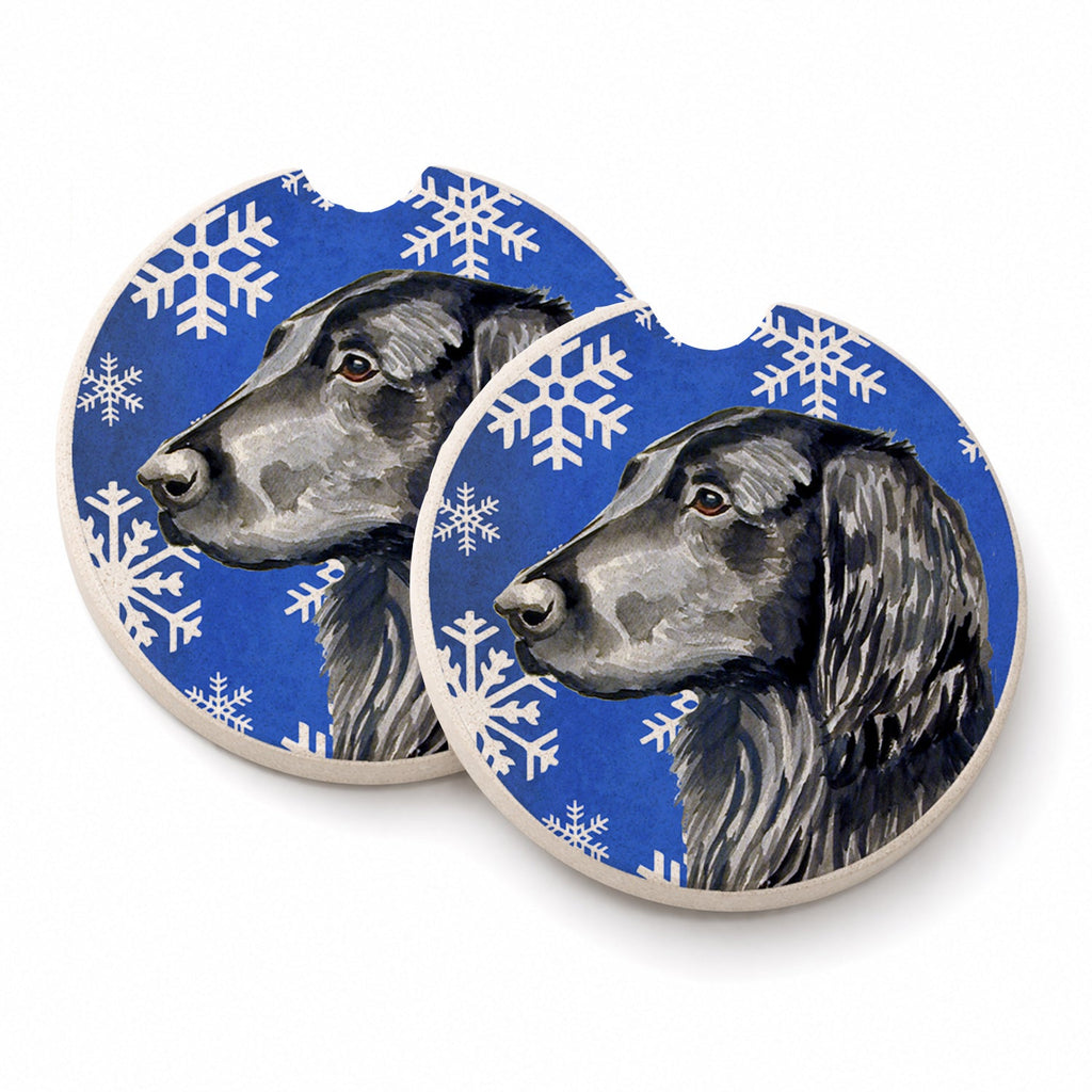 Flat Coated Retriever Winter Snowflakes Holiday Set of 2 Cup Holder Car Coasters Absorbent Round Sandstone Coasters Gifts for Men or Women, 2.5, Multicolor