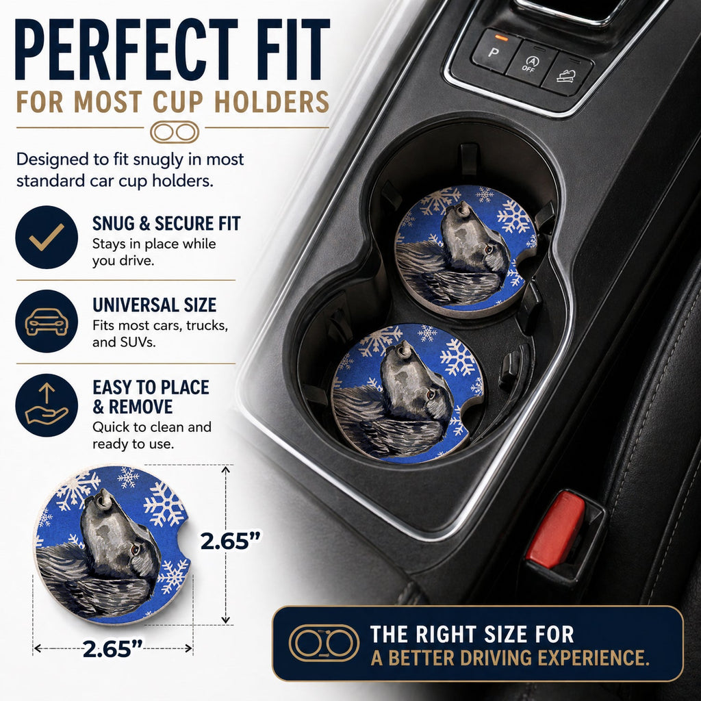 Flat Coated Retriever Winter Snowflakes Holiday Set of 2 Cup Holder Car Coasters Absorbent Round Sandstone Coasters Gifts for Men or Women, 2.5, Multicolor