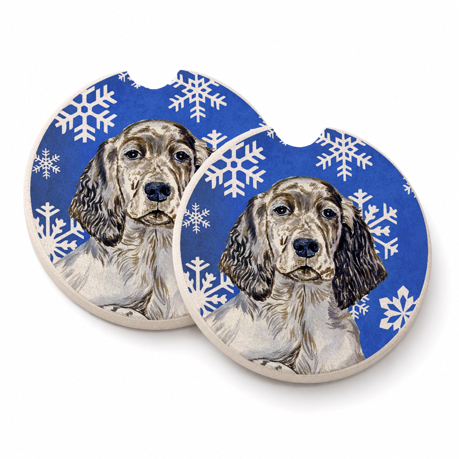 English Setter Winter Snowflakes Holiday Set of 2 Cup Holder Car Coasters Absorbent Round Sandstone Coasters Gifts for Men or Women, 2.5, Multicolor