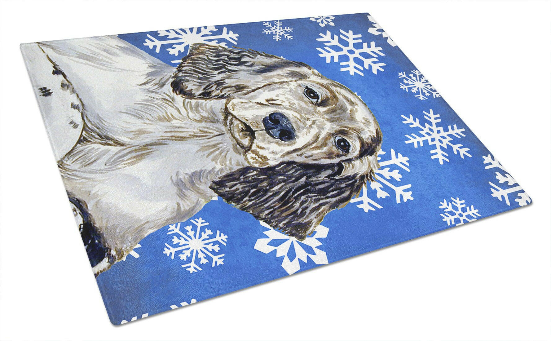 English Setter Winter Snowflakes Holiday Cutting Board Tempered Glass Kitchen Cutting Surface, Heat Resistant Chopping, Non-Slip Feet, Food Prep & Serving