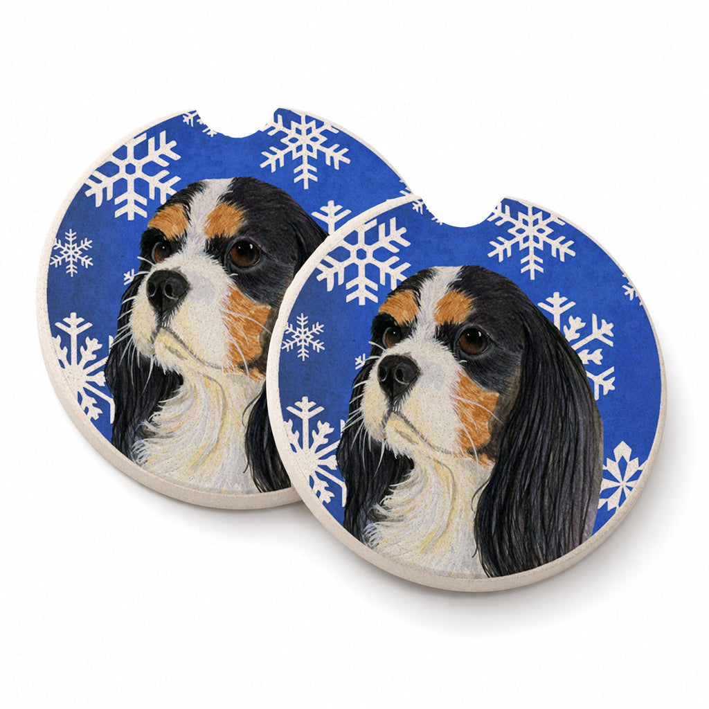 Cavalier Spaniel Winter Snowflakes Holiday Set of 2 Cup Holder Car Coasters Absorbent Round Sandstone Coasters Gifts for Men or Women, 2.5, Multicolor
