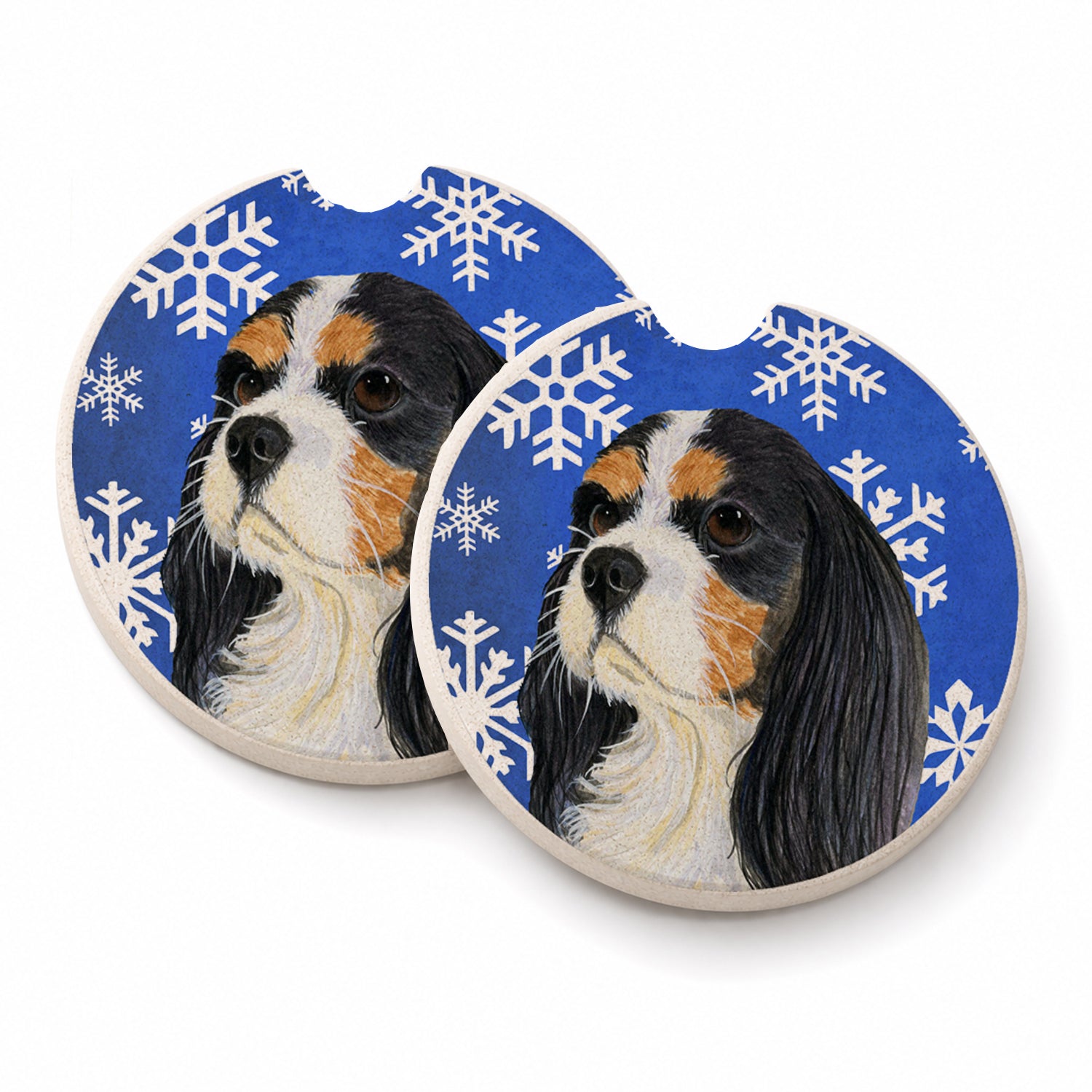 Cavalier Spaniel Winter Snowflakes Holiday Set of 2 Cup Holder Car Coasters Absorbent Round Sandstone Coasters Gifts for Men or Women, 2.5, Multicolor