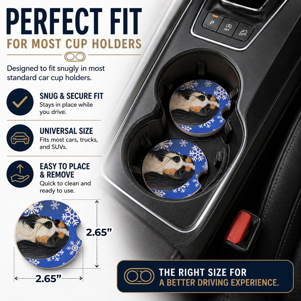 Cavalier Spaniel Winter Snowflakes Holiday Set of 2 Cup Holder Car Coasters Absorbent Round Sandstone Coasters Gifts for Men or Women, 2.5, Multicolor