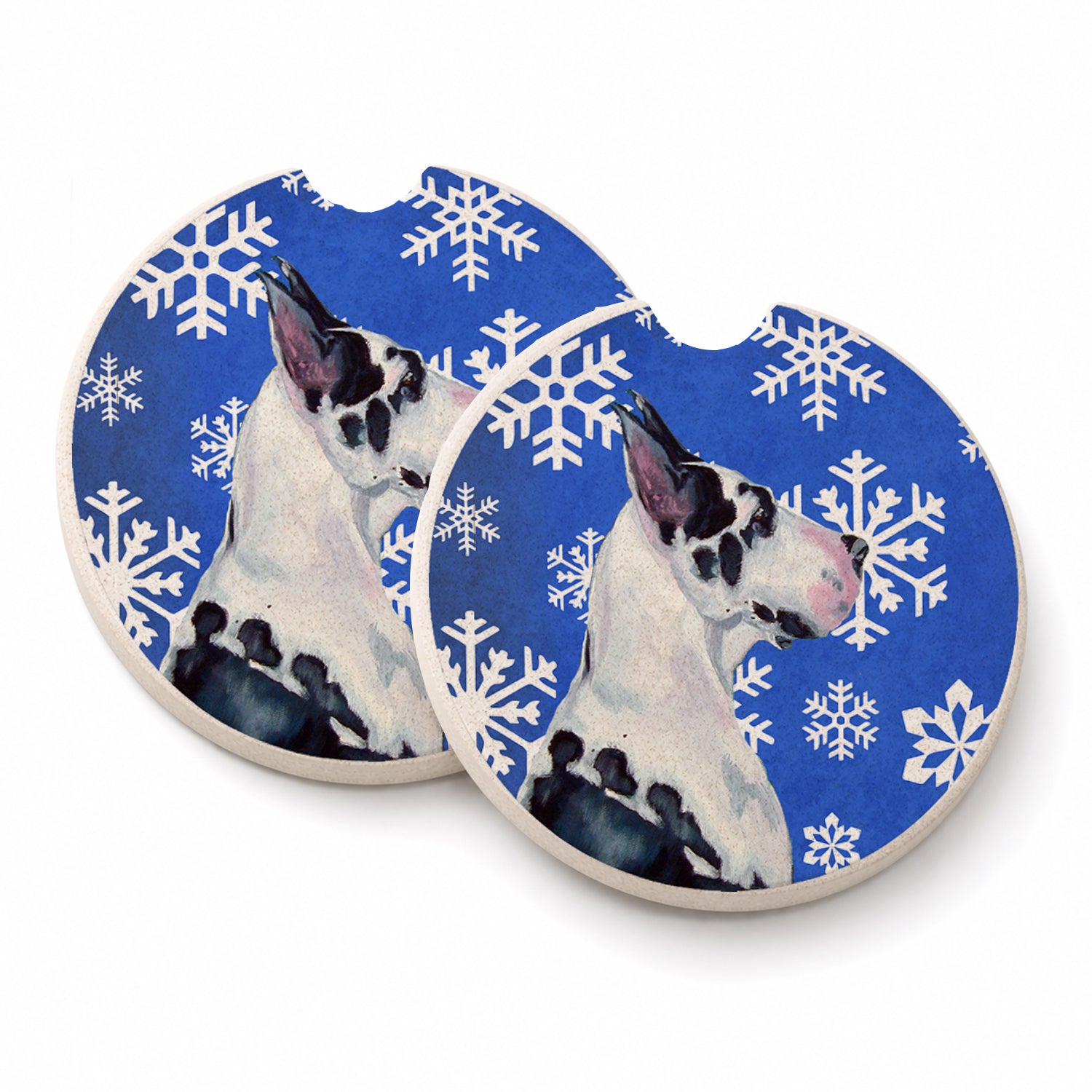 Great Dane Winter Snowflakes Holiday Set of 2 Cup Holder Car Coasters Absorbent Round Sandstone Coasters Gifts for Men or Women, 2.5, Multicolor