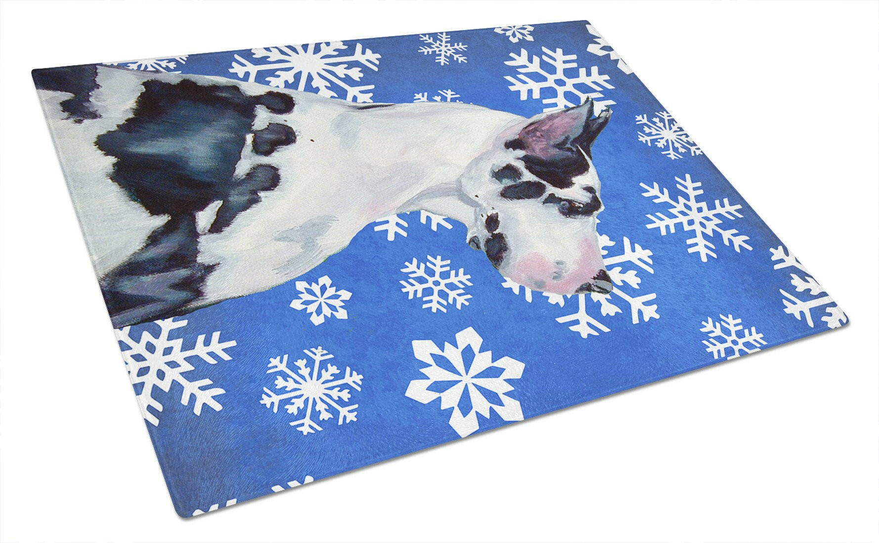 Great Dane Winter Snowflakes Holiday Cutting Board Tempered Glass Kitchen Cutting Surface, Heat Resistant Chopping, Non-Slip Feet, Food Prep & Serving