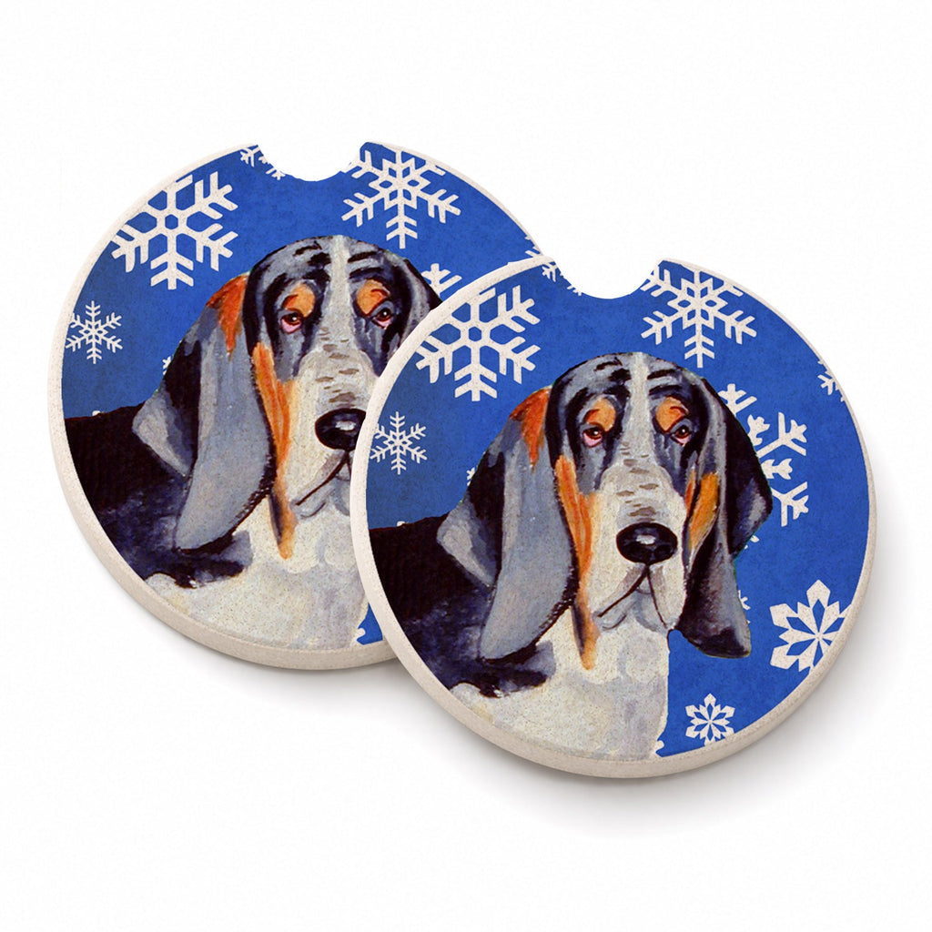 Basset Hound Winter Snowflakes Holiday Set of 2 Cup Holder Car Coasters Absorbent Round Sandstone Coasters Gifts for Men or Women, 2.5, Multicolor