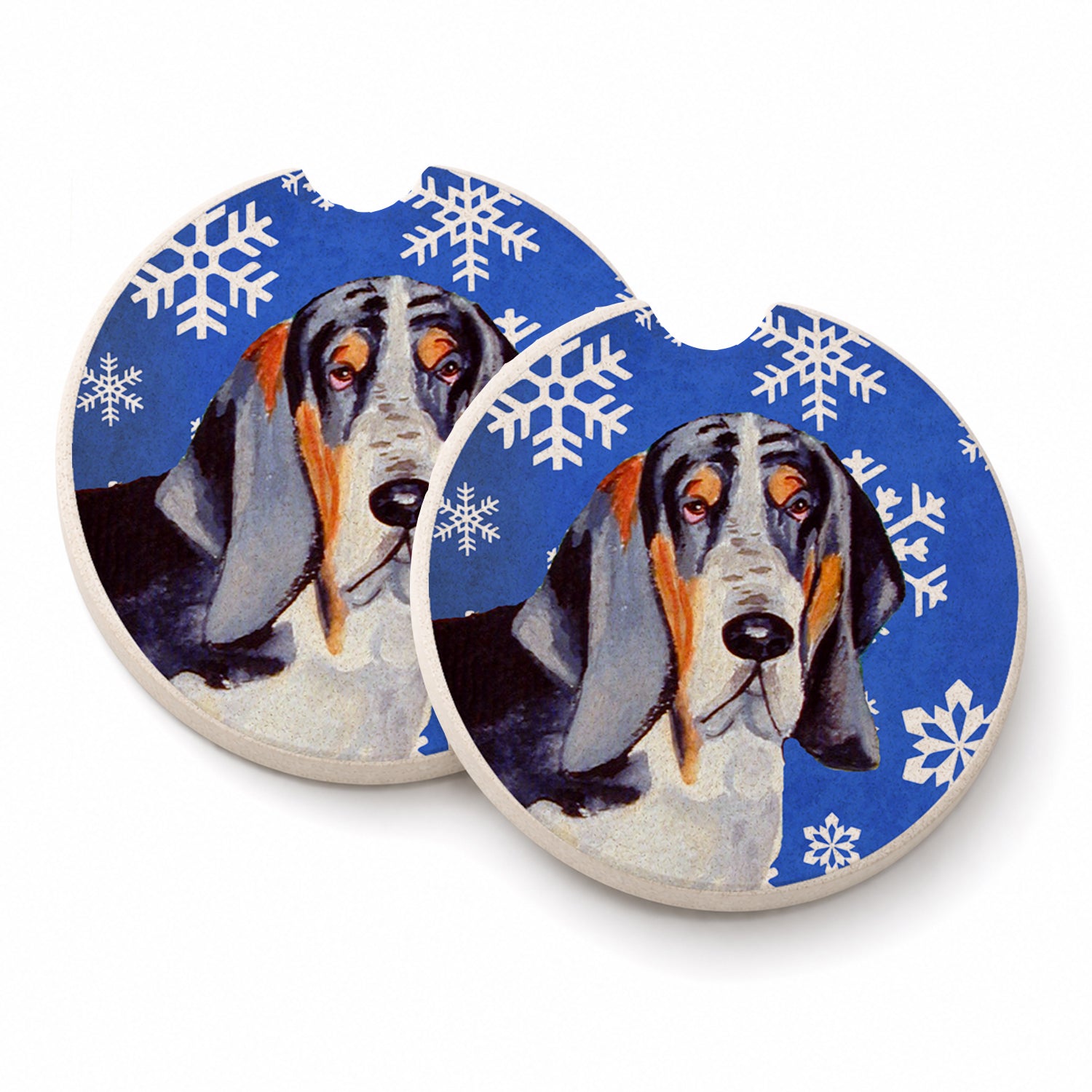 Basset Hound Winter Snowflakes Holiday Set of 2 Cup Holder Car Coasters Absorbent Round Sandstone Coasters Gifts for Men or Women, 2.5, Multicolor