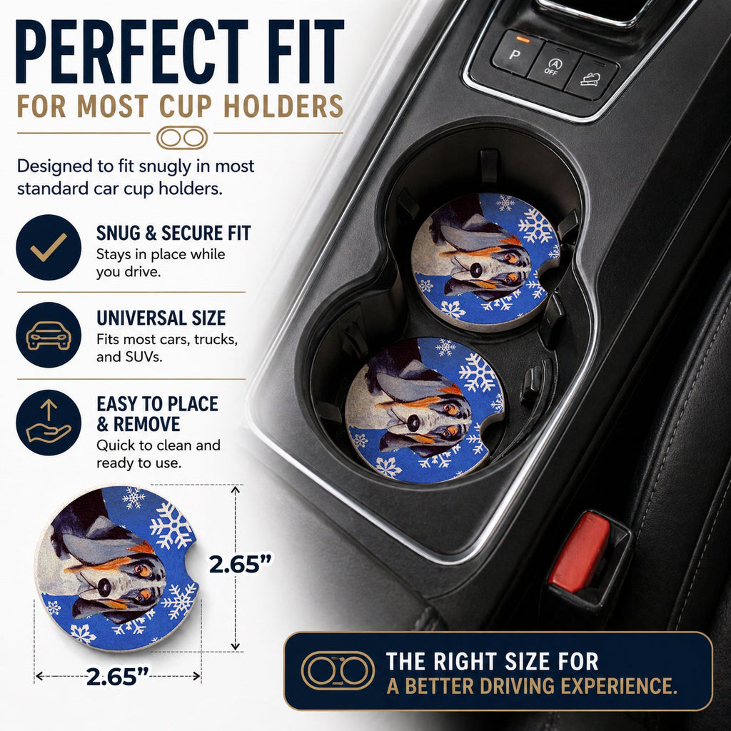 Basset Hound Winter Snowflakes Holiday Set of 2 Cup Holder Car Coasters Absorbent Round Sandstone Coasters Gifts for Men or Women, 2.5, Multicolor