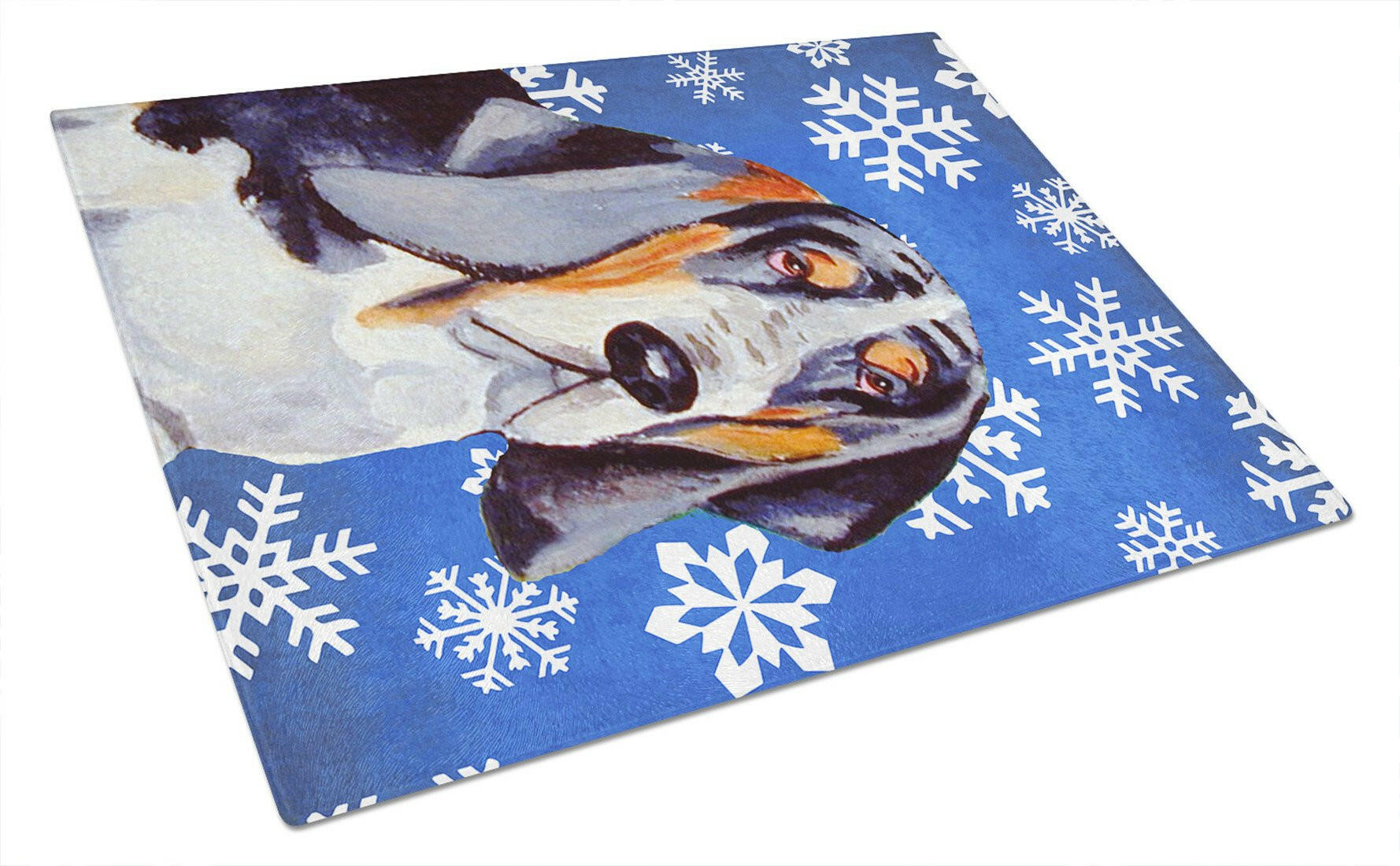 Basset Hound Winter Snowflakes Holiday Cutting Board Tempered Glass Kitchen Cutting Surface, Heat Resistant Chopping, Non-Slip Feet, Food Prep & Serving