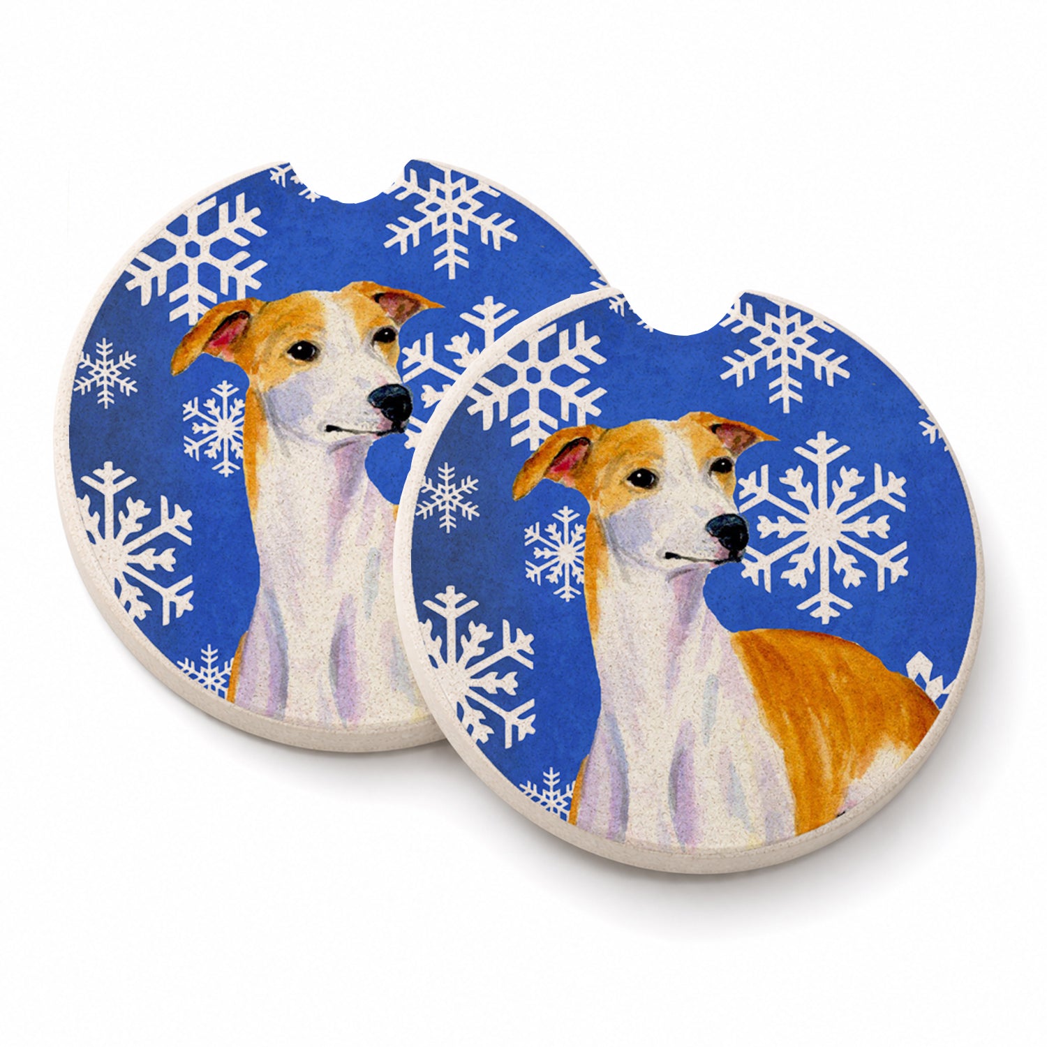 Whippet Winter Snowflakes Holiday Set of 2 Cup Holder Car Coasters Absorbent Round Sandstone Coasters Gifts for Men or Women, 2.5, Multicolor