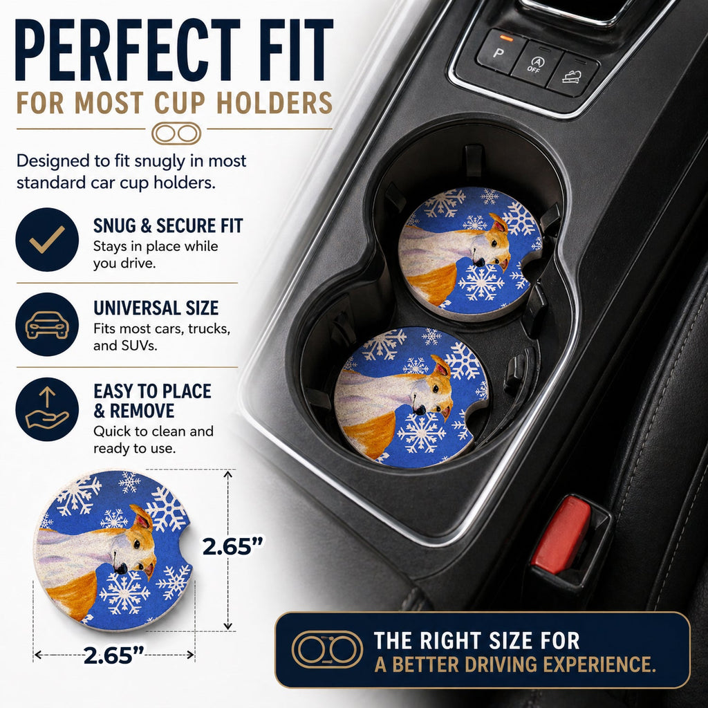 Whippet Winter Snowflakes Holiday Set of 2 Cup Holder Car Coasters Absorbent Round Sandstone Coasters Gifts for Men or Women, 2.5, Multicolor