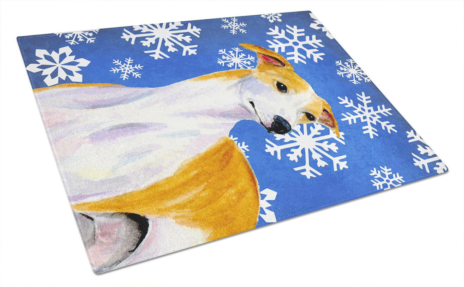 Whippet Winter Snowflakes Holiday Cutting Board Tempered Glass Kitchen Cutting Surface, Heat Resistant Chopping, Non-Slip Feet, Food Prep & Serving