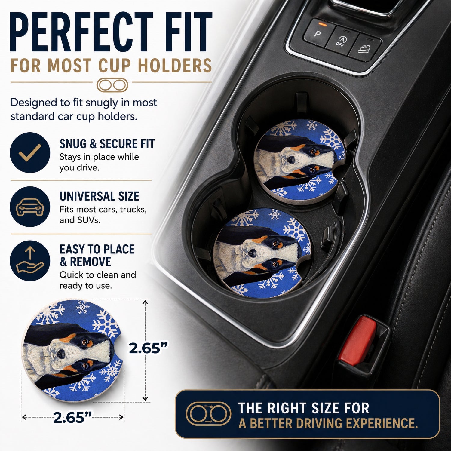 Basset Hound Winter Snowflakes Holiday Set of 2 Cup Holder Car Coasters Absorbent Round Sandstone Coasters Gifts for Men or Women, 2.5, Multicolor
