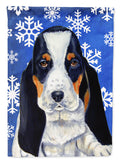Basset Hound Winter Snowflakes Holiday House Flag 28x40 Porch Sleeve Pole Decorative Outside Yard Banner Artwork Wall Hanging, Polyester