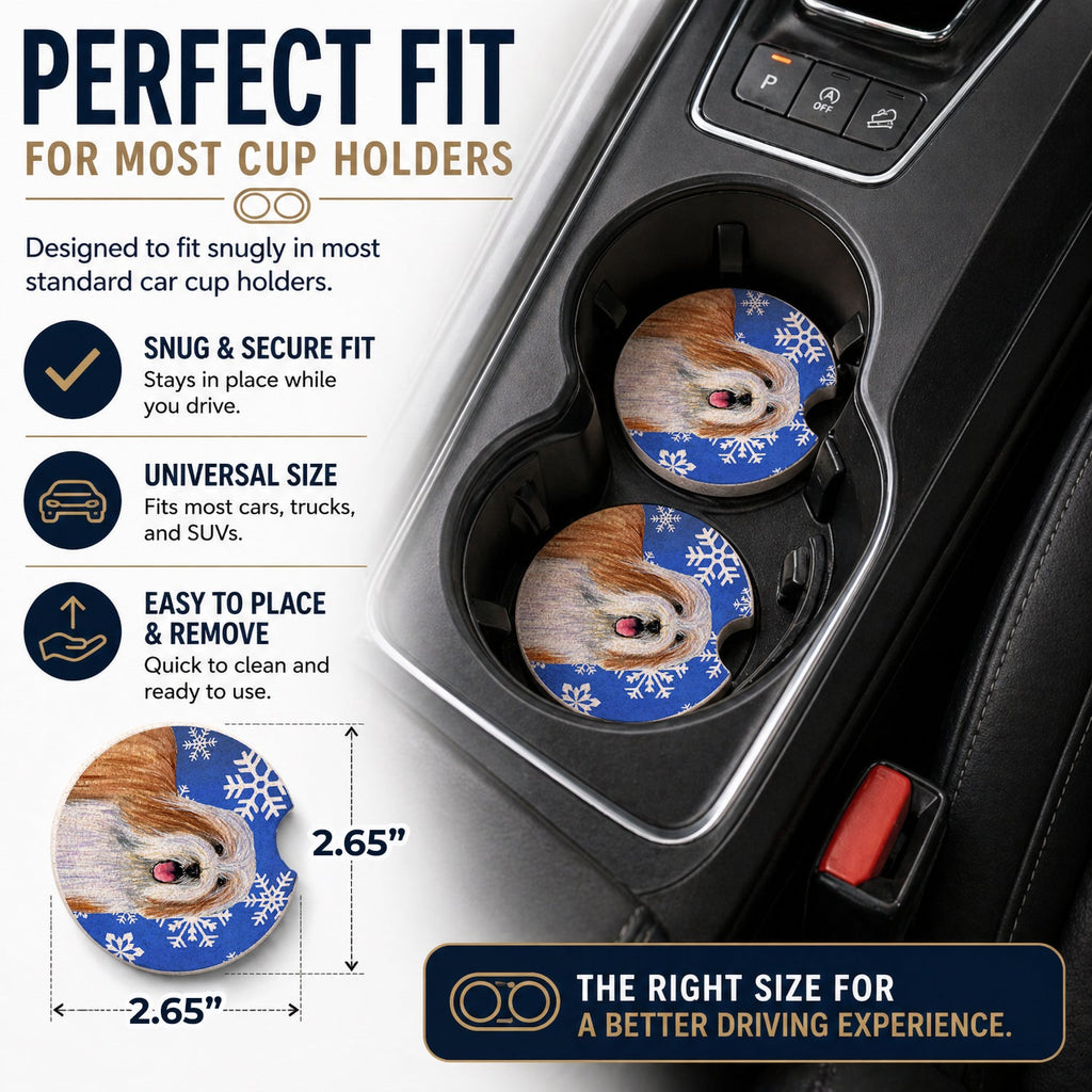 Bearded Collie Winter Snowflakes Holiday Set of 2 Cup Holder Car Coasters Absorbent Round Sandstone Coasters Gifts for Men or Women, 2.5, Multicolor