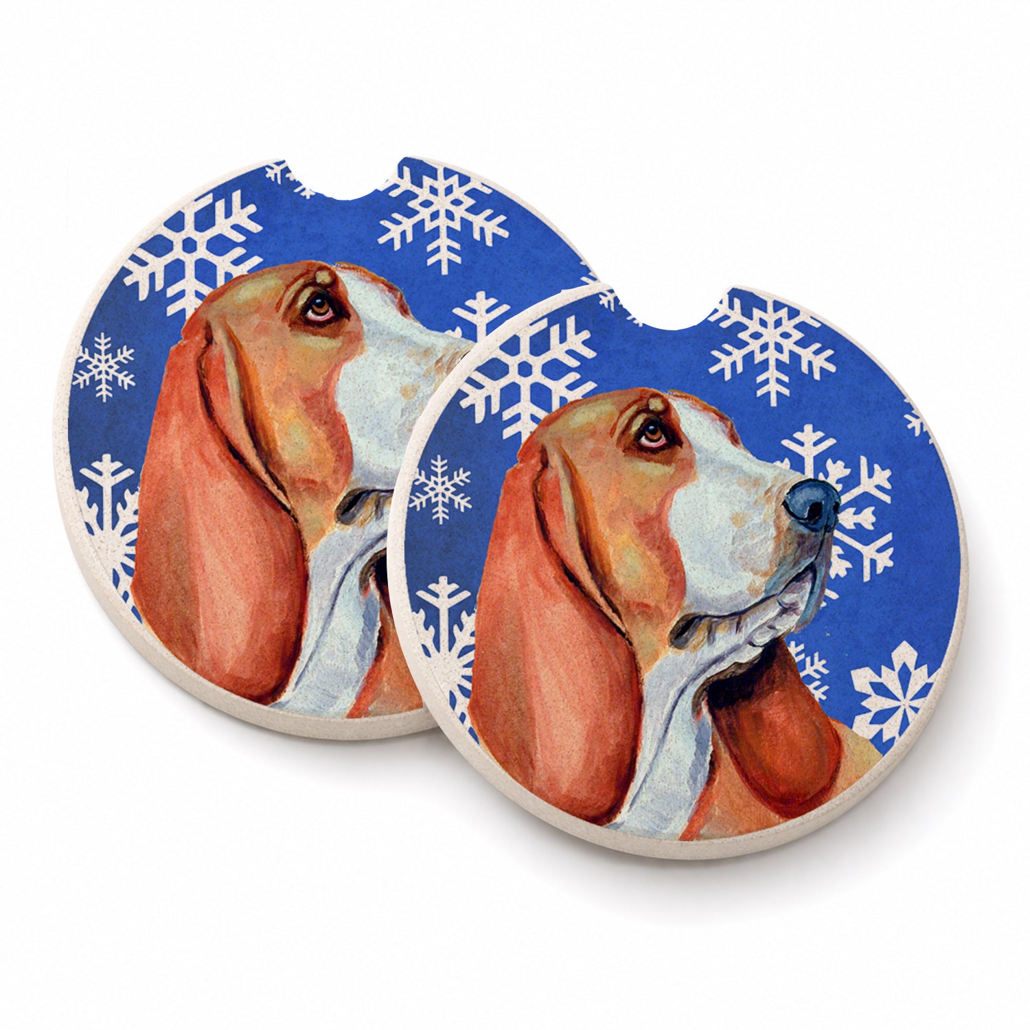 Basset Hound Winter Snowflakes Holiday Set of 2 Cup Holder Car Coasters Absorbent Round Sandstone Coasters Gifts for Men or Women, 2.5, Multicolor