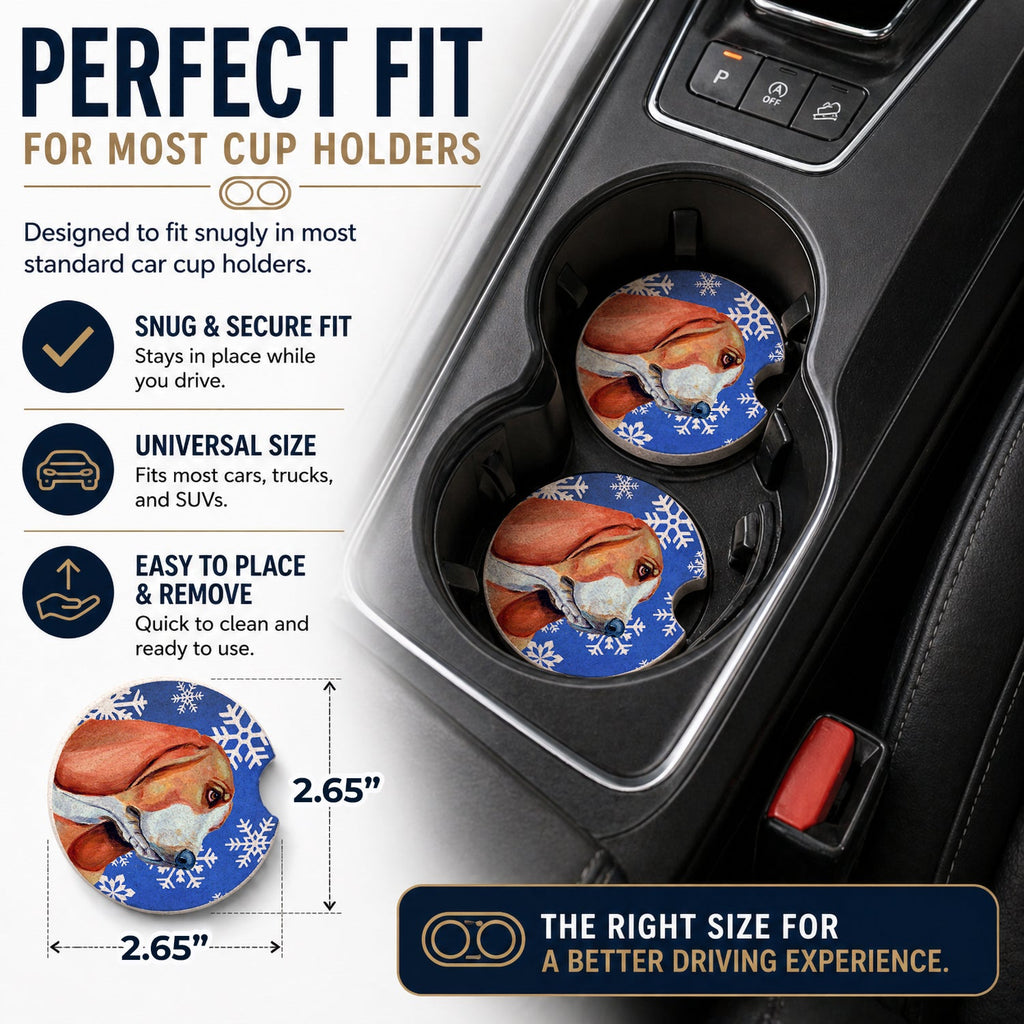Basset Hound Winter Snowflakes Holiday Set of 2 Cup Holder Car Coasters Absorbent Round Sandstone Coasters Gifts for Men or Women, 2.5, Multicolor