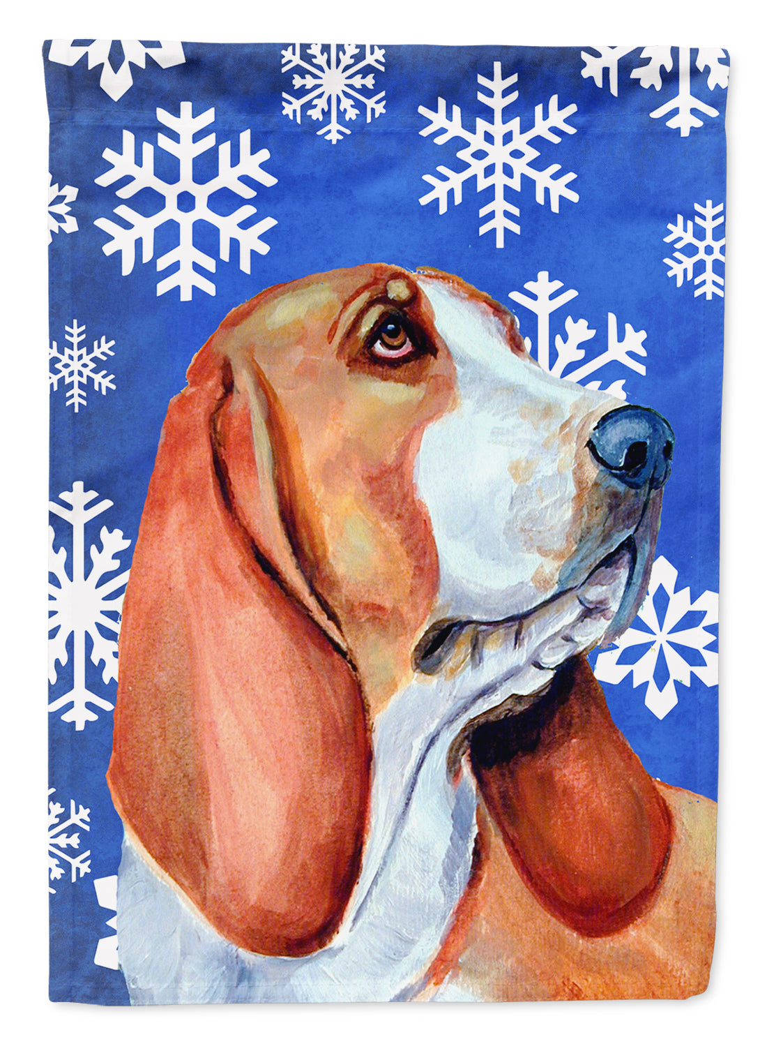 Basset Hound Winter Snowflakes Holiday House Flag 28x40 Porch Sleeve Pole Decorative Outside Yard Banner Artwork Wall Hanging, Polyester