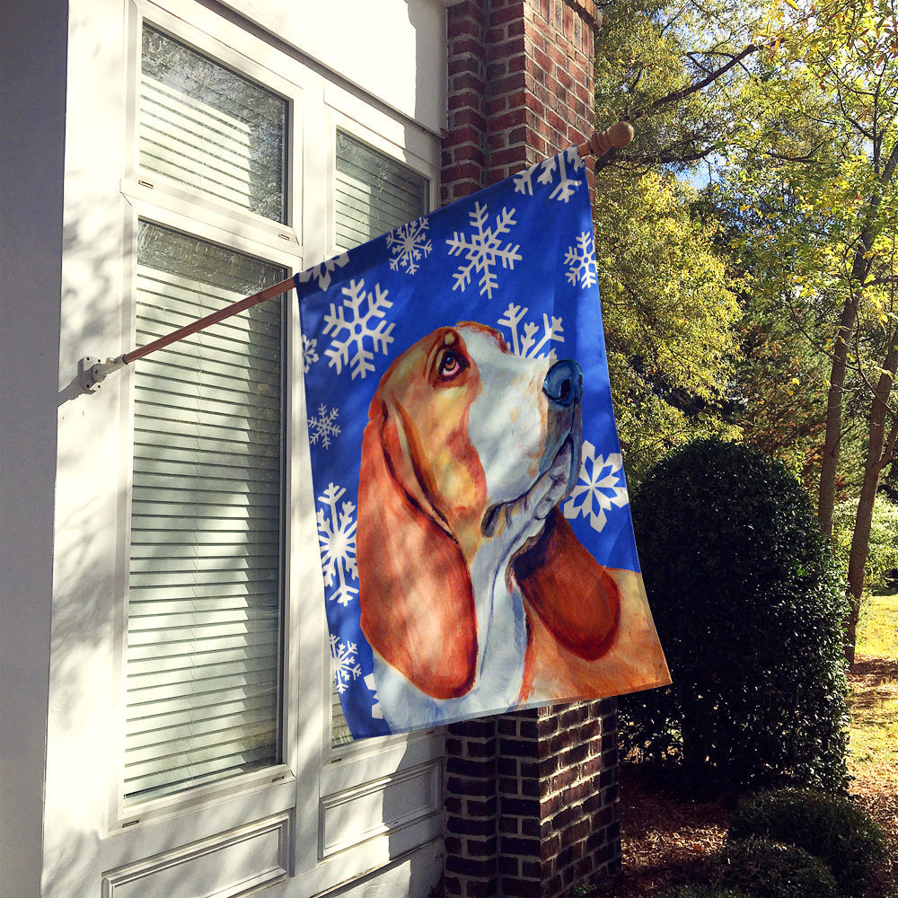Basset Hound Winter Snowflakes Holiday House Flag 28x40 Porch Sleeve Pole Decorative Outside Yard Banner Artwork Wall Hanging, Polyester