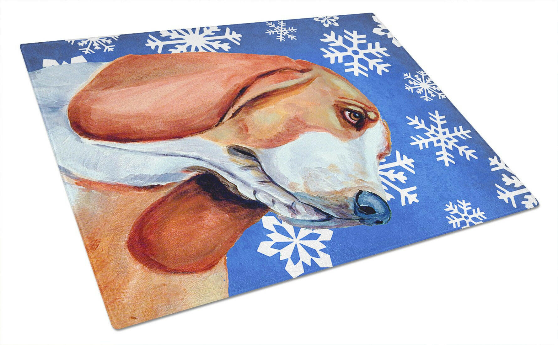 Basset Hound Winter Snowflakes Holiday Cutting Board Tempered Glass Kitchen Cutting Surface, Heat Resistant Chopping, Non-Slip Feet, Food Prep & Serving