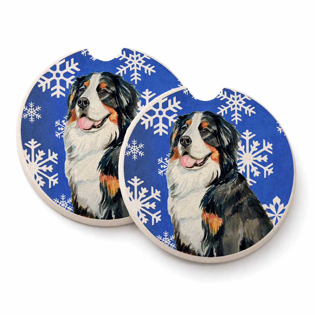 Bernese Mountain Dog Winter Snowflakes Holiday Set of 2 Cup Holder Car Coasters Absorbent Round Sandstone Coasters Gifts for Men or Women, 2.5, Multicolor