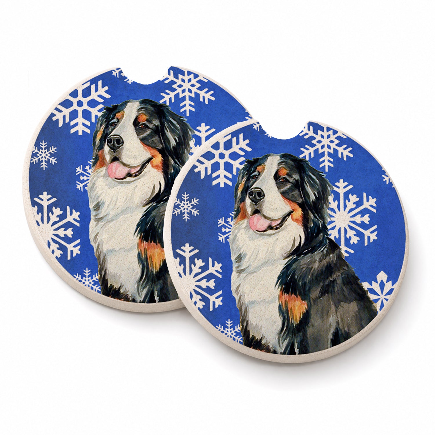 Bernese Mountain Dog Winter Snowflakes Holiday Set of 2 Cup Holder Car Coasters Absorbent Round Sandstone Coasters Gifts for Men or Women, 2.5, Multicolor