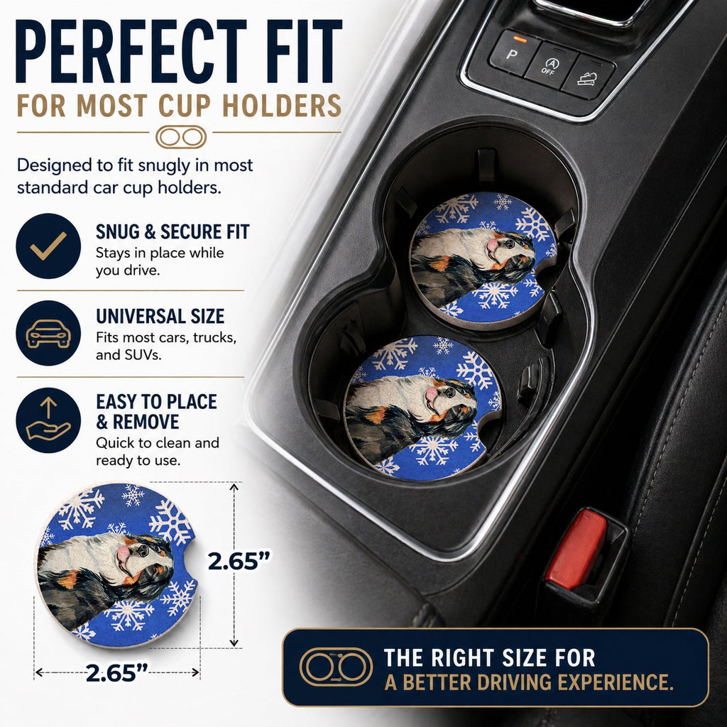 Bernese Mountain Dog Winter Snowflakes Holiday Set of 2 Cup Holder Car Coasters Absorbent Round Sandstone Coasters Gifts for Men or Women, 2.5, Multicolor