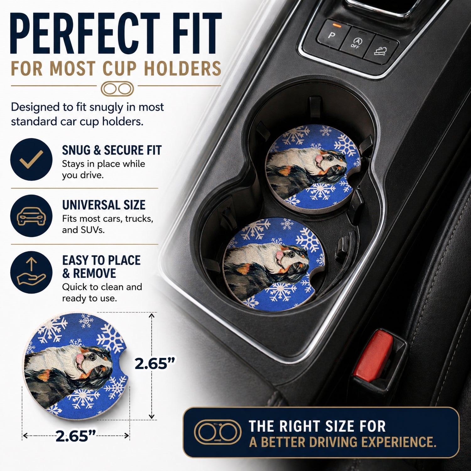 Bernese Mountain Dog Winter Snowflakes Holiday Set of 2 Cup Holder Car Coasters Absorbent Round Sandstone Coasters Gifts for Men or Women, 2.5, Multicolor
