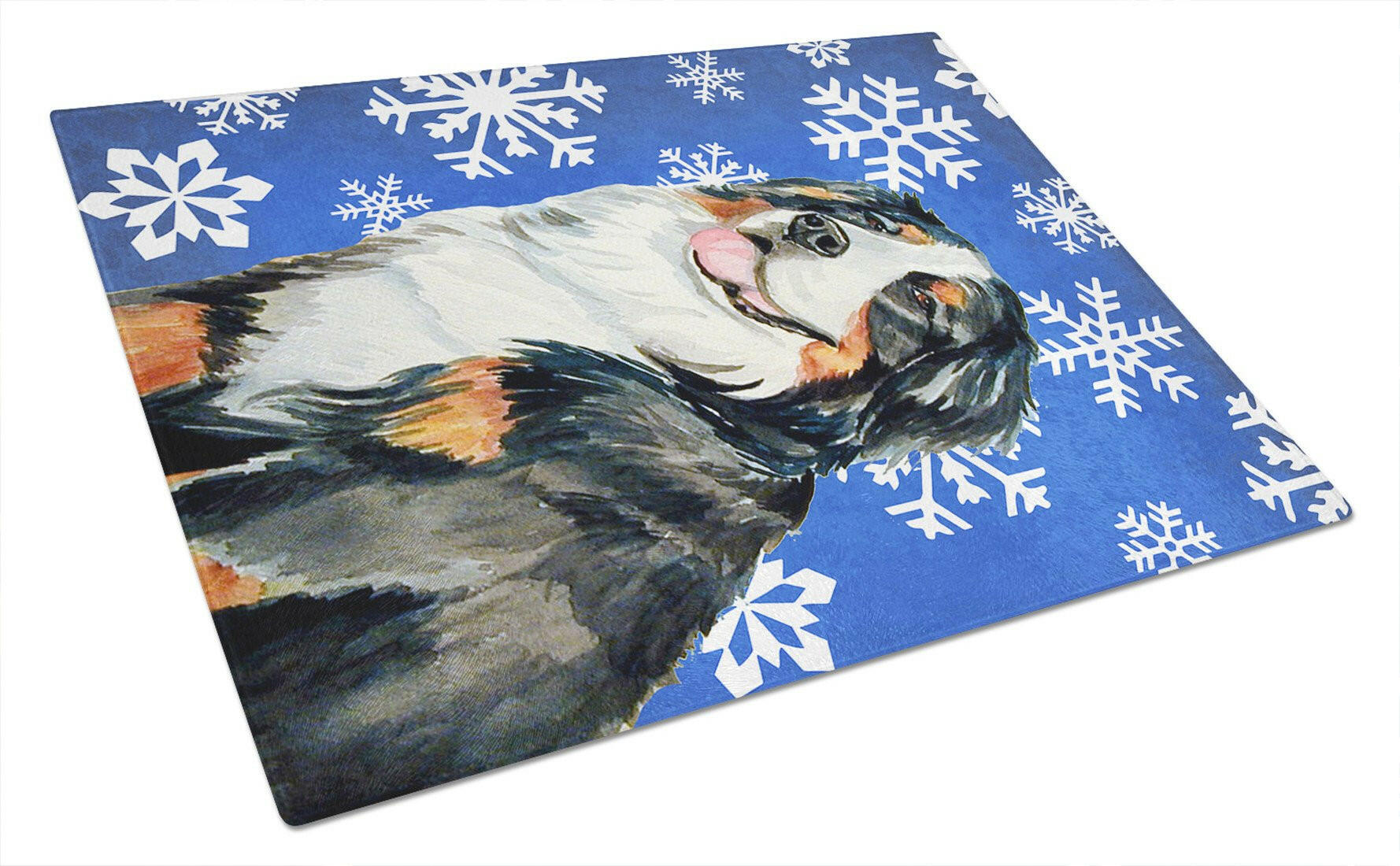 Bernese Mountain Dog Winter Snowflakes Holiday Cutting Board Tempered Glass Kitchen Cutting Surface, Heat Resistant Chopping, Non-Slip Feet, Food Prep & Serving