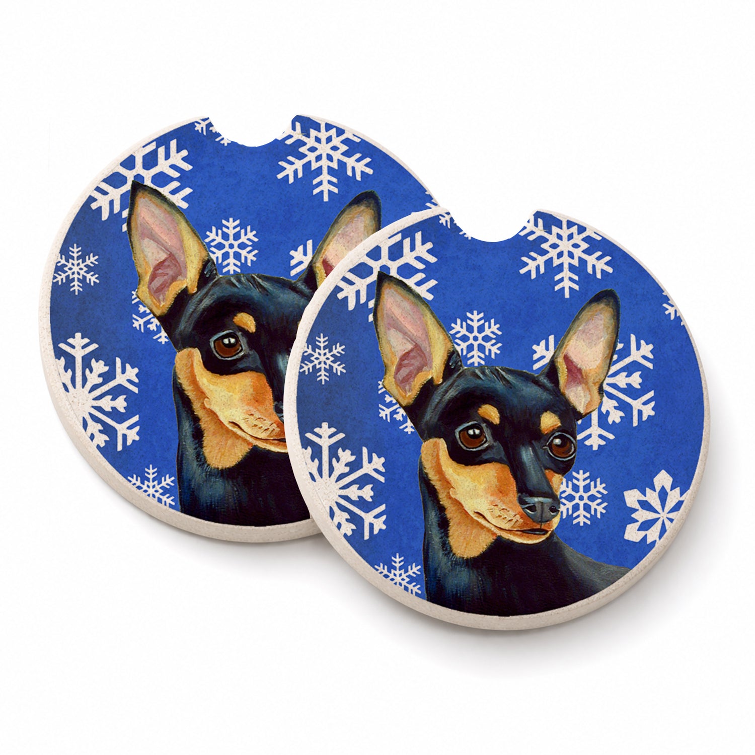 Min Pin Winter Snowflakes Holiday Set of 2 Cup Holder Car Coasters Absorbent Round Sandstone Coasters Gifts for Men or Women, 2.5, Multicolor