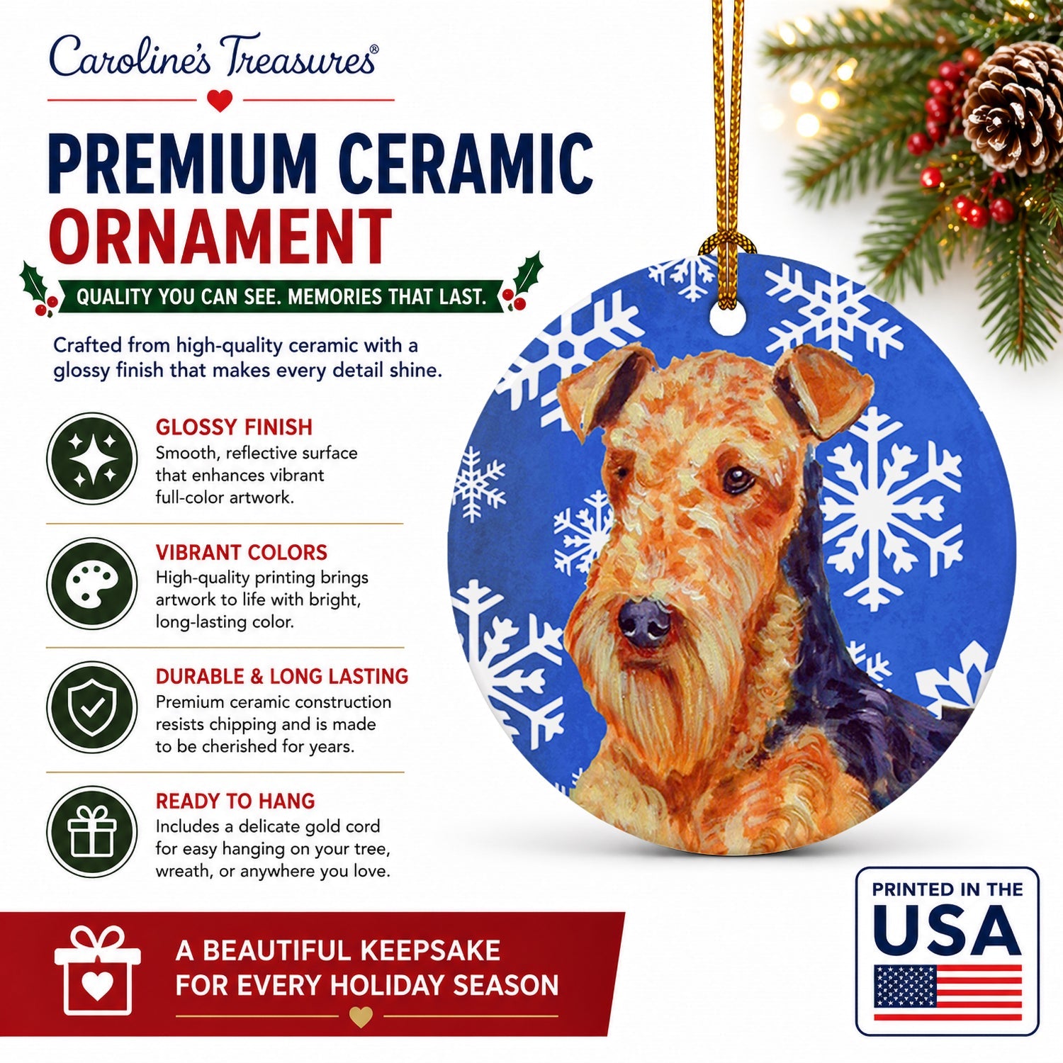 Airedale Winter Snowflakes Holiday Ceramic Ornament Christmas Tree Hanging Decorations for Home Christmas Holiday, Party, Gift, 3 in, Multicolor