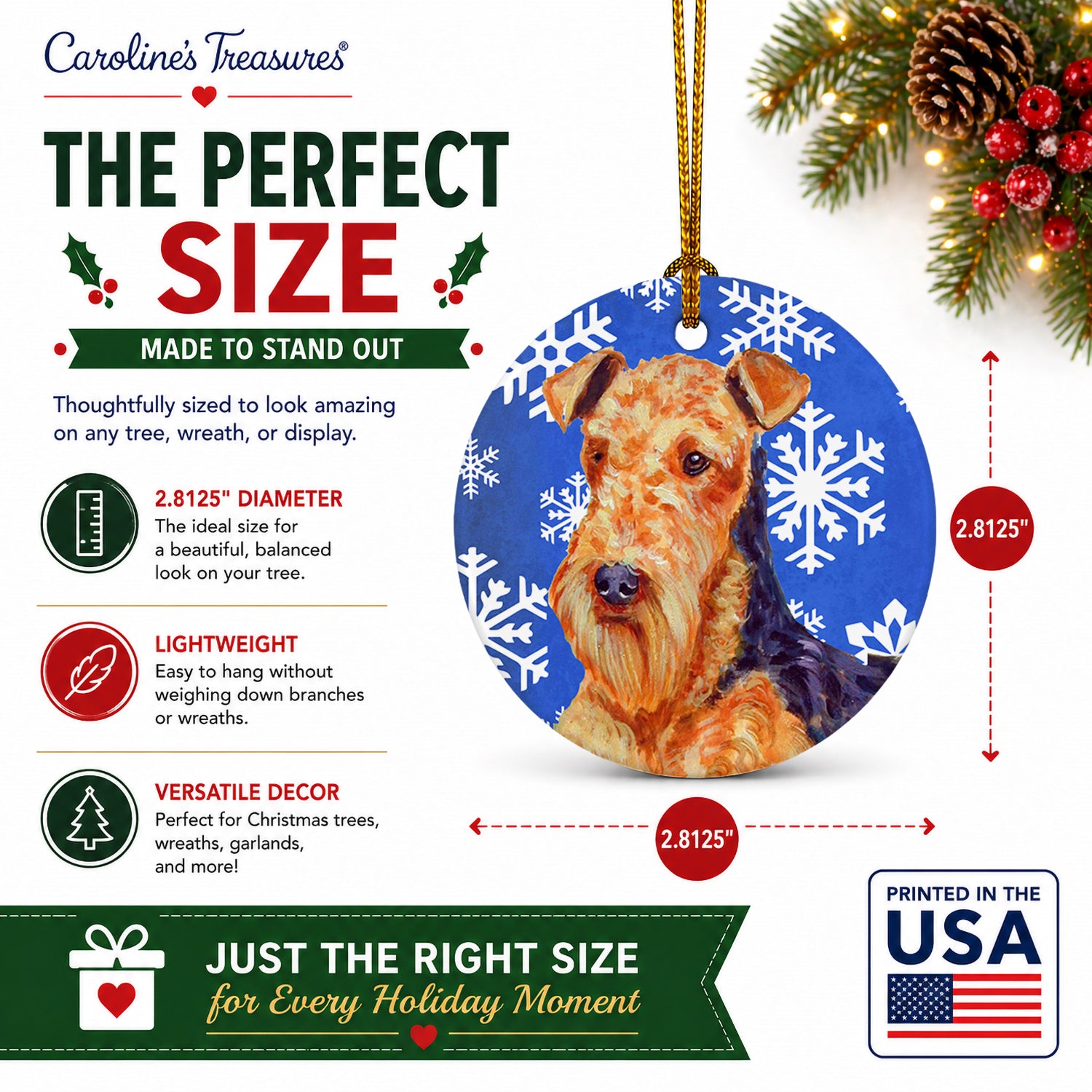 Airedale Winter Snowflakes Holiday Ceramic Ornament Christmas Tree Hanging Decorations for Home Christmas Holiday, Party, Gift, 3 in, Multicolor