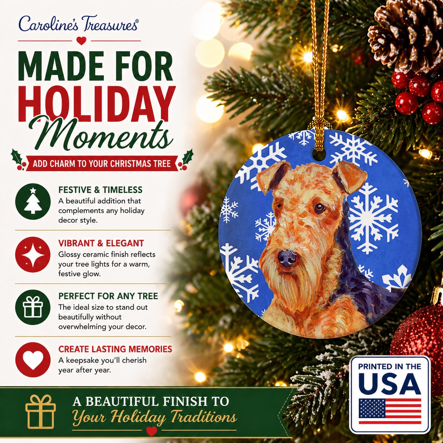 Airedale Winter Snowflakes Holiday Ceramic Ornament Christmas Tree Hanging Decorations for Home Christmas Holiday, Party, Gift, 3 in, Multicolor
